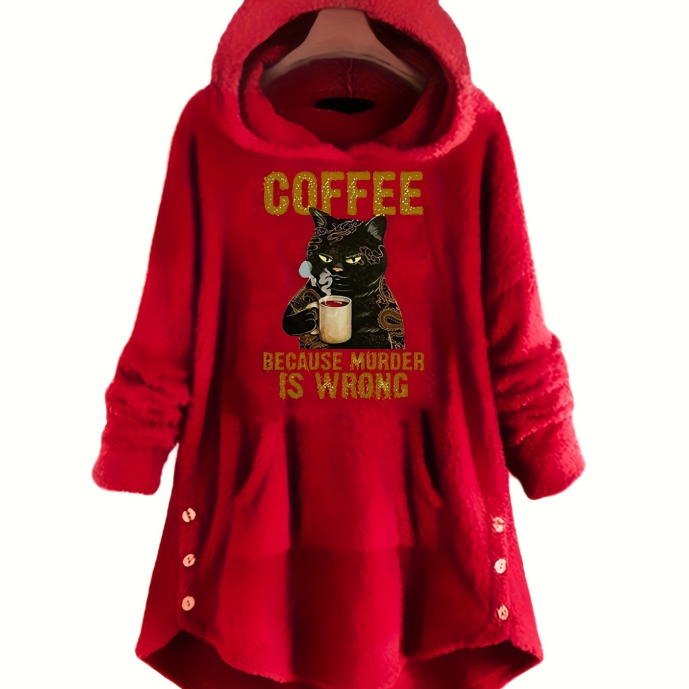 

Cat & Letter Print Teddy Hoodie, Casual Long Sleeve Kangaroo Pocket Hoodie Sweatshirt, Women's Clothing