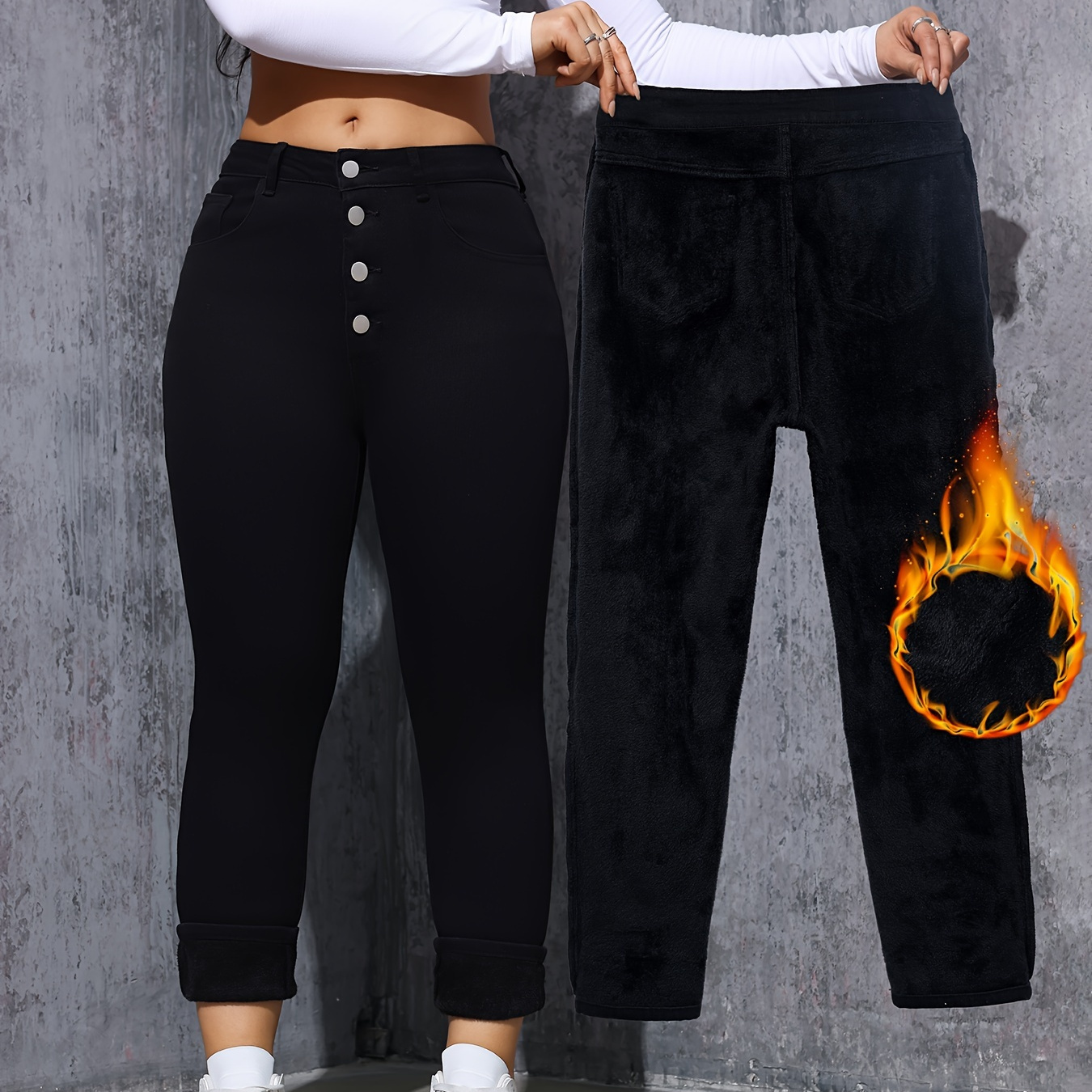 

Pantalon en jean skinny uni noir à doublure en peluche, coupe ajustée, fermeture à glissière et boutons, style décontracté pour l'hiver, pour femmes.