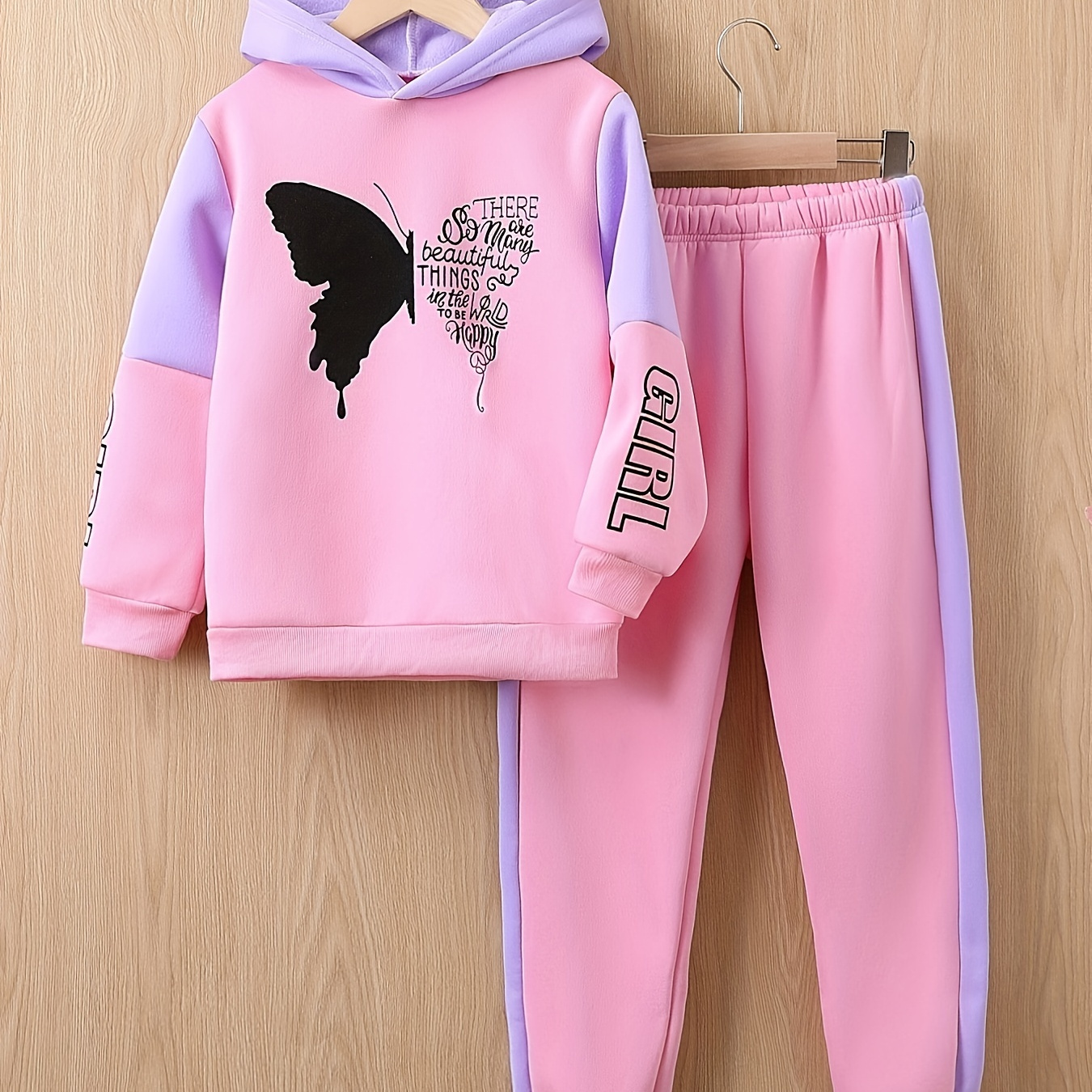

Girls 2-piece Butterfly Print Fleece Hooded Sweatshirt And Trousers Set Kids Pre Teen Girls Warm Active Clothes For 4-12 Years Old