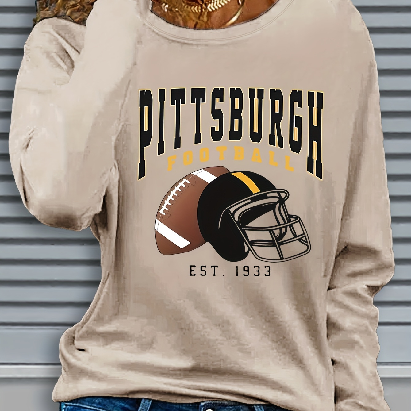 

1pc Women's Casual Long Sleeve T-shirt With Pittsburgh Football Print, Crew Neck, Slight Stretch Polyester Knit, Regular Fit Pullover For Fall/winter