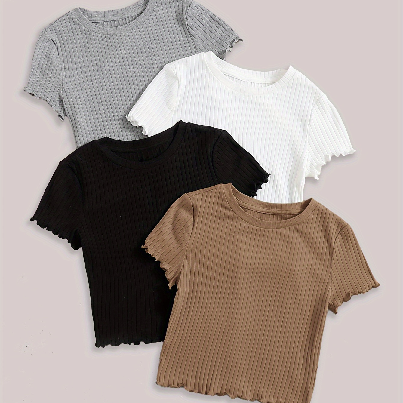 

Solid Color Crop T-shirt 4 Pack, Versatile Lettuce Trim Crew Neck Short Sleeve Crop Top For Spring & Summer, Women's Clothing