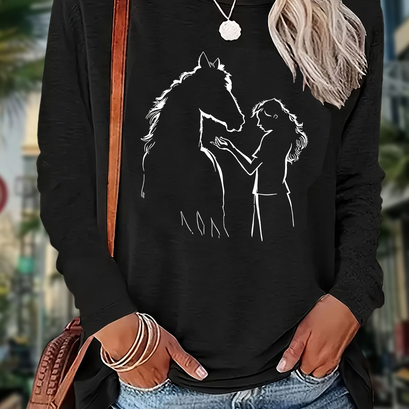 

Horse Girl Print T-shirt, Long Sleeve Crew Neck Casual Top For Spring & Fall, Women's Clothing