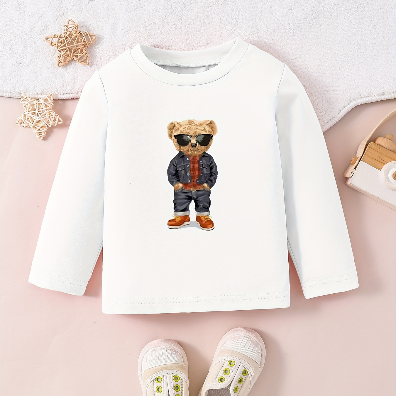 

Stylish Bear Print Boy's Long Sleeve T-shirt Breathable Cotton Comfy Round Neck Casual Spring Fall Top