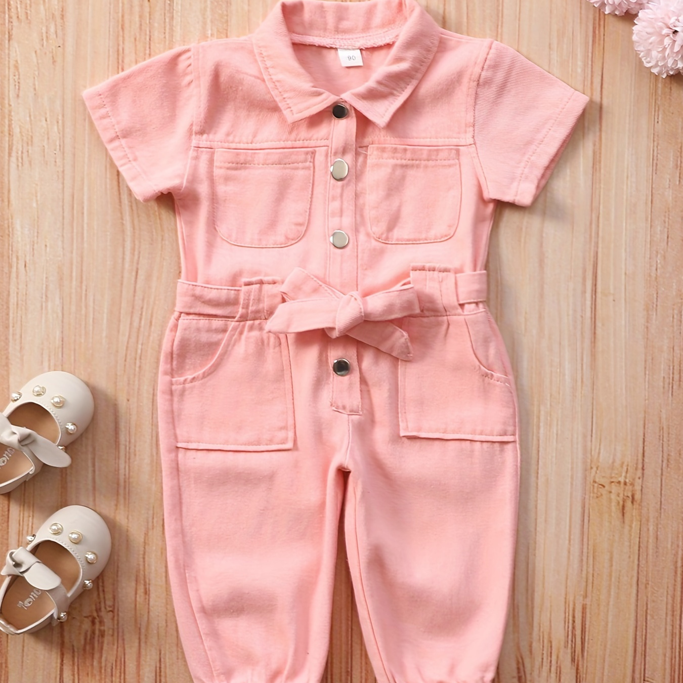 Toddler Girls Casual Button Down Denim Jumpsuit With Belt And Pockets, Cute Girls Summer Clothes