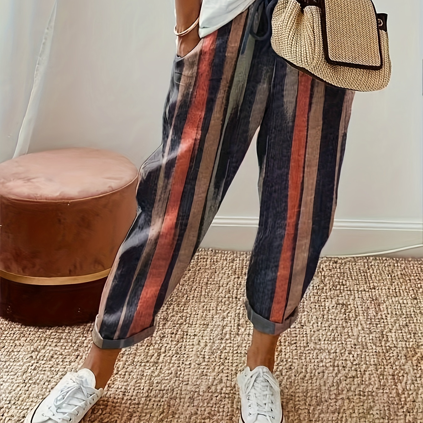 

Loose-fit Striped Print Casual Pants With Pockets, Fashionable Women's Trousers, Comfortable And Stylish, Elastic Waistband