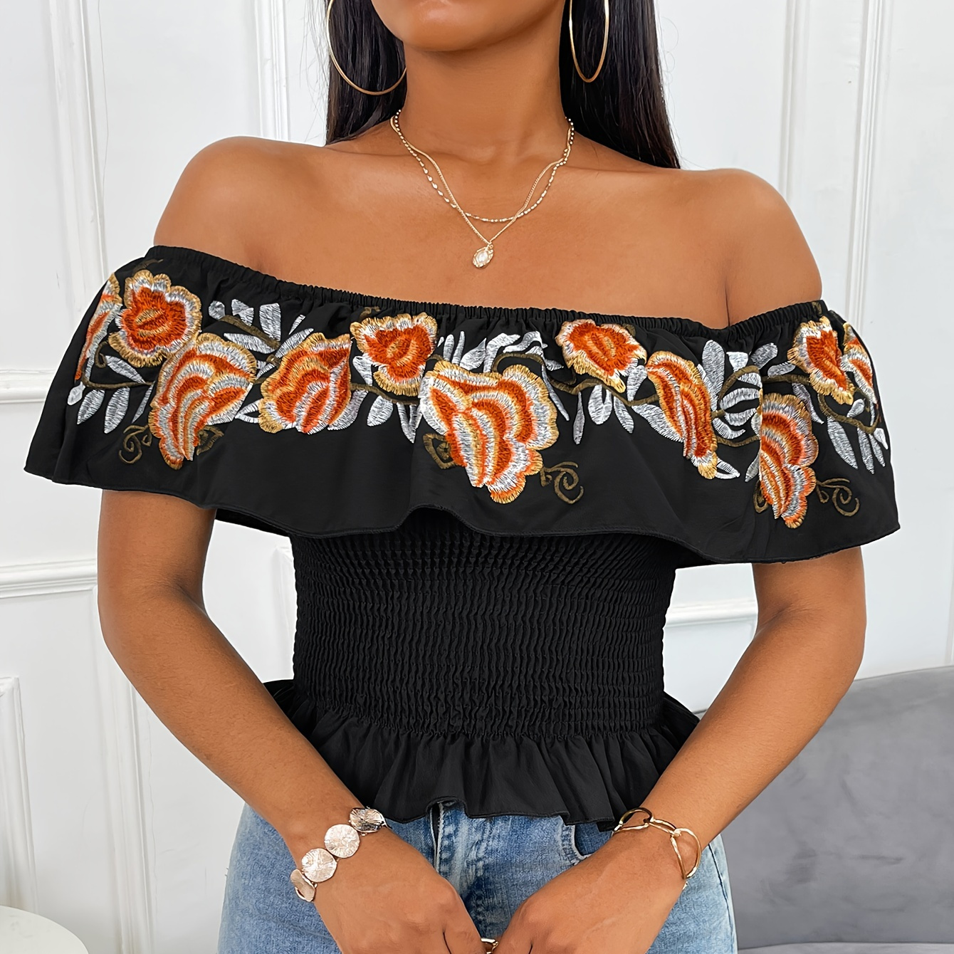 

Embroidered Shirred Off Shoulder Blouse, Chic Short Sleeve Blouse For Spring & Summer, Women's Clothing
