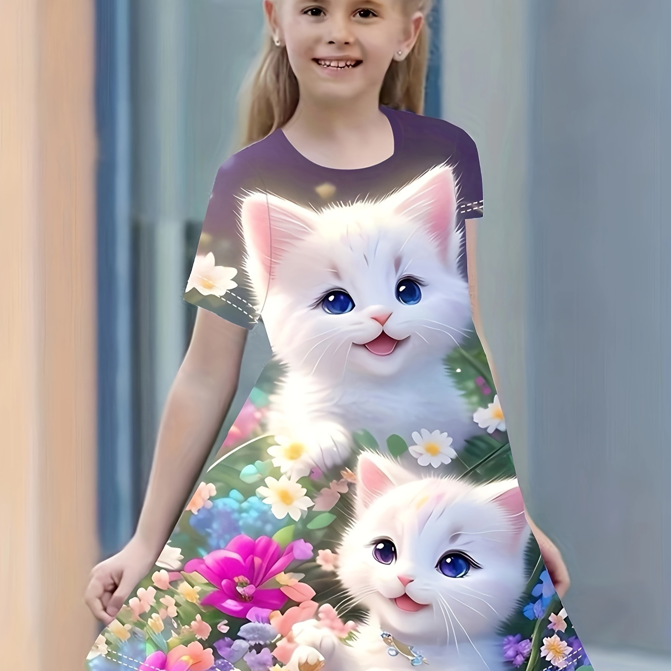 

Kittens 3d Print Girl's T-shirt Dress Short Sleeve Holiday Casual Dresses Summer Party Gift