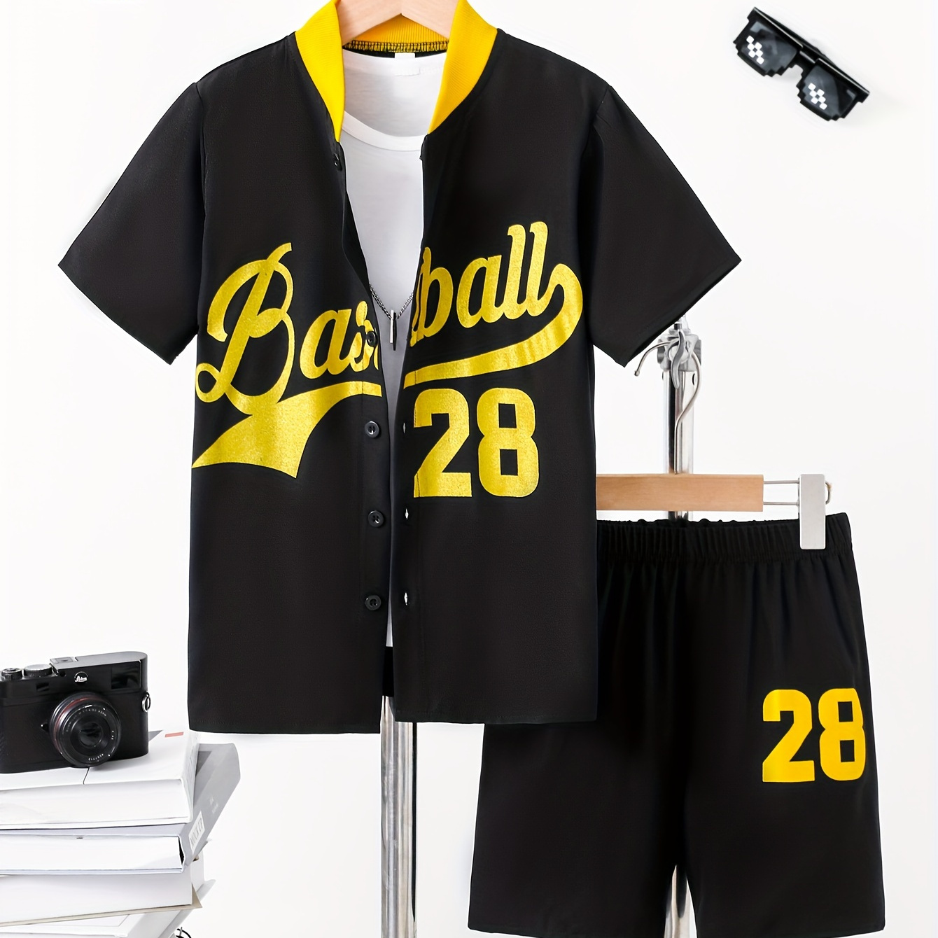 

Baseball Letter Graphic Print, 2pcs Boys Casual Button Down Short Sleeve Top & Shorts Set, Boys Clothing For Summer, As Gifts
