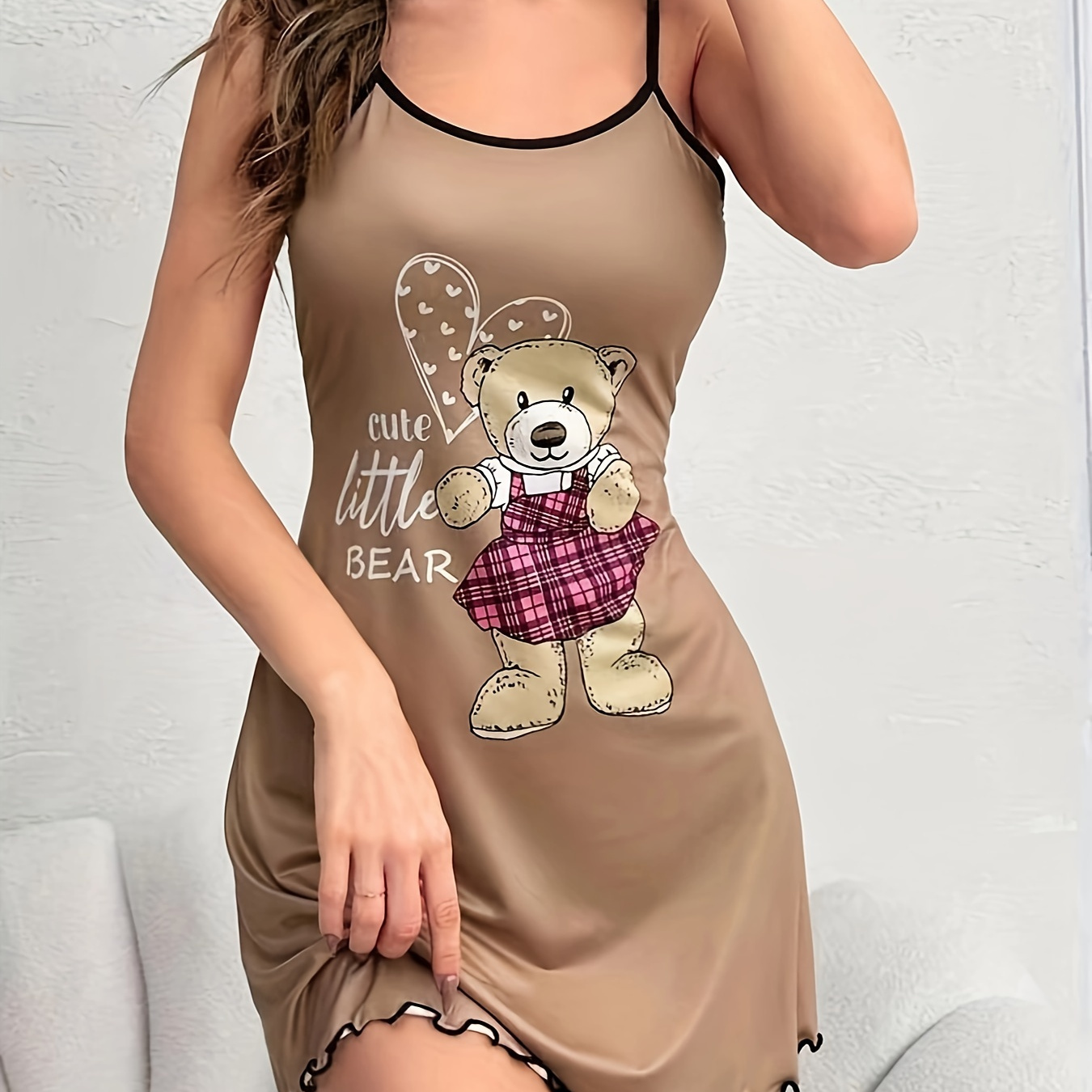 

Teddy Bear & Letter Print Nightgown, Round Neck Backless Frill Trim Slip Dress, Women's Sleepwear