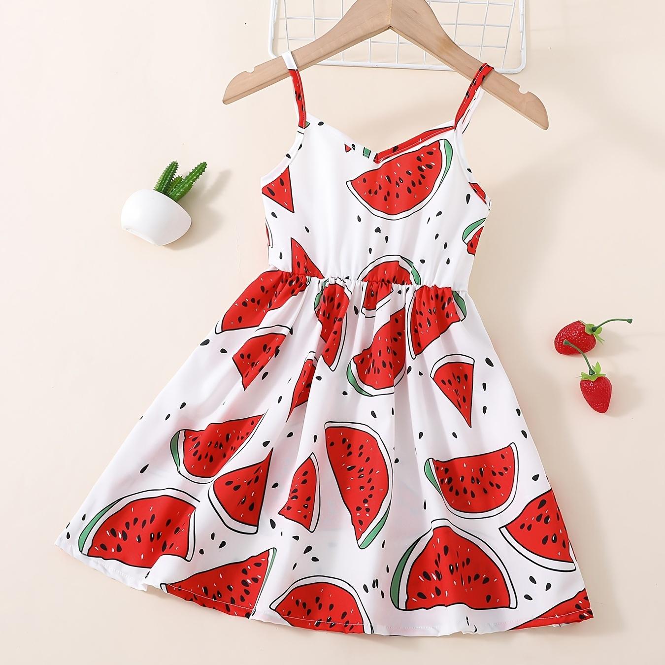 

Girls Casual Watermelon Print Thin Strap Dress Clothes