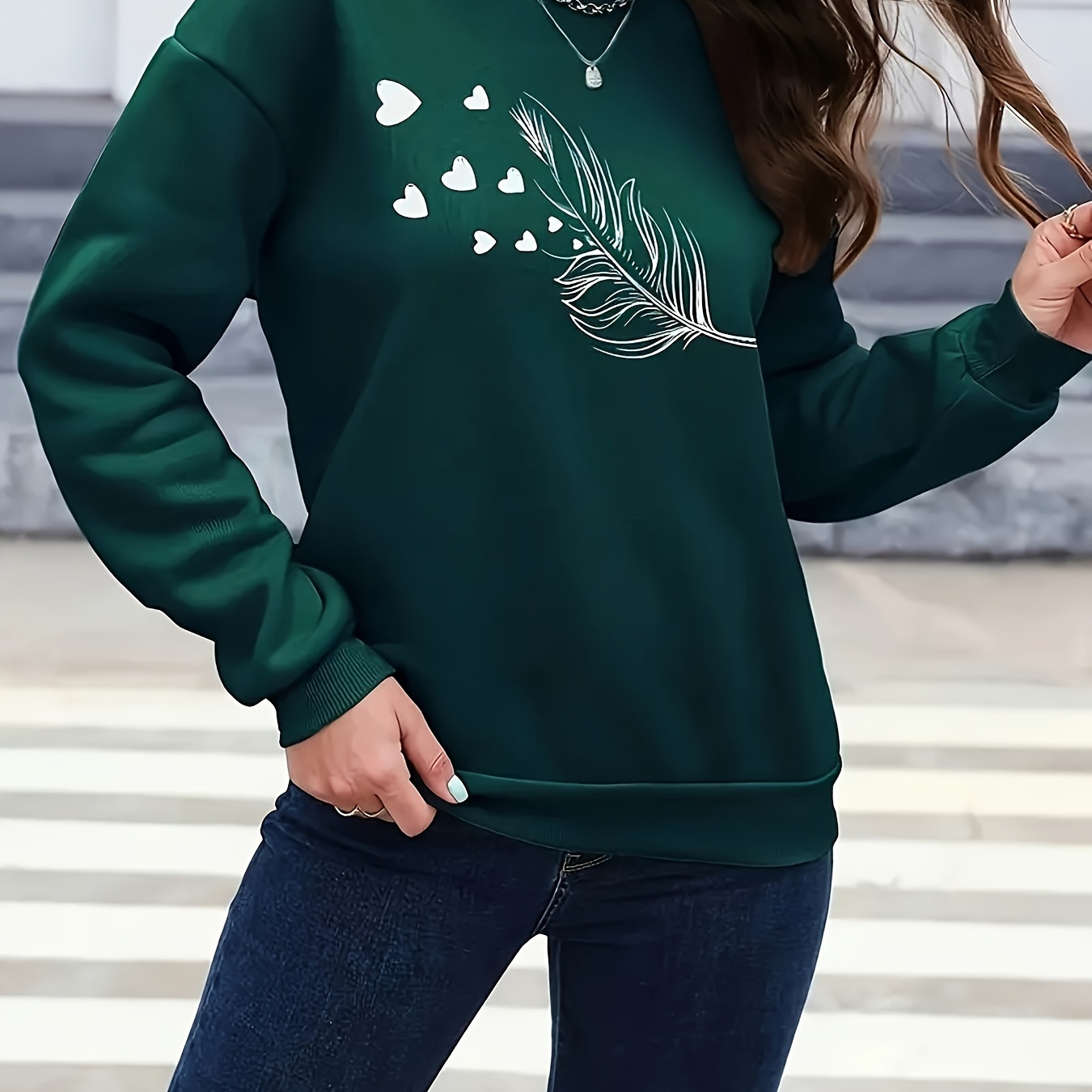 

Women' Fleece Pullover Sweatshirt, Polyester 100 Neck, Geometric Pattern, Stretch Knit Fabric, Sports Style, 240gsm - Green