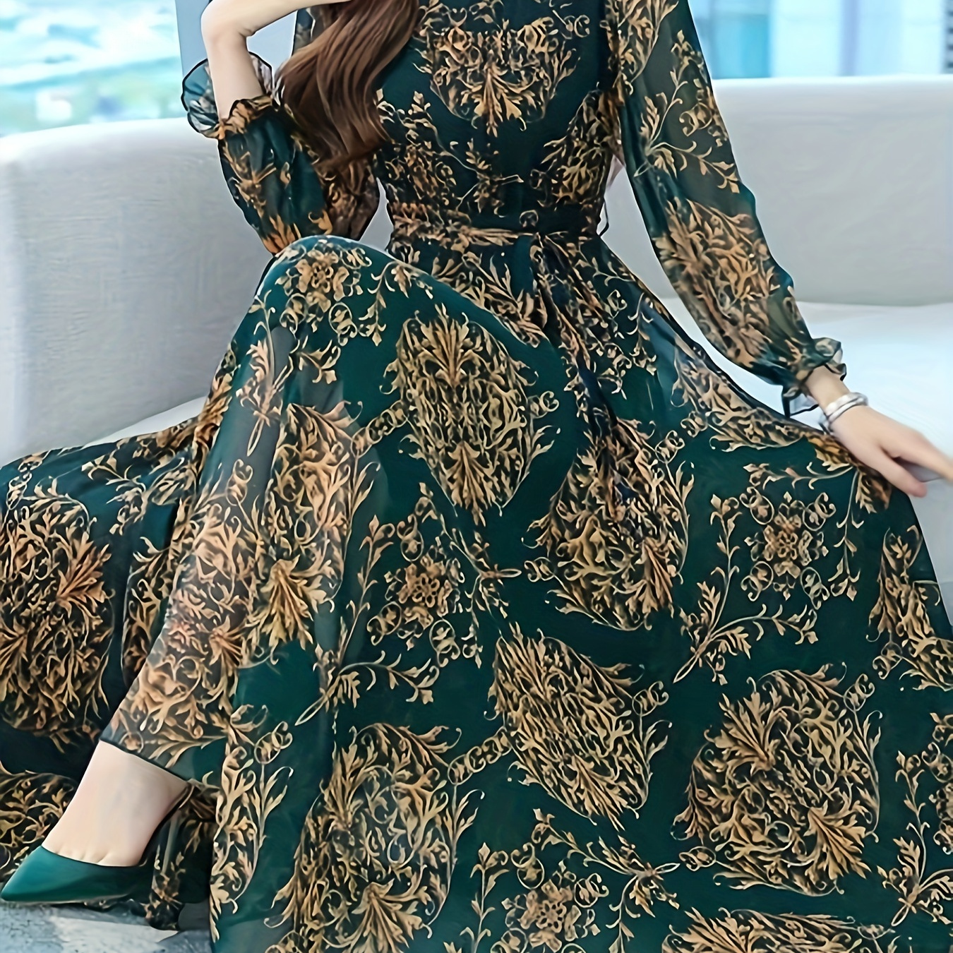 

Allover Print Chiffon Dress, Elegant Loose Pleated Long Sleeve Lettuce Trim Dress For Spring, Women's Clothing