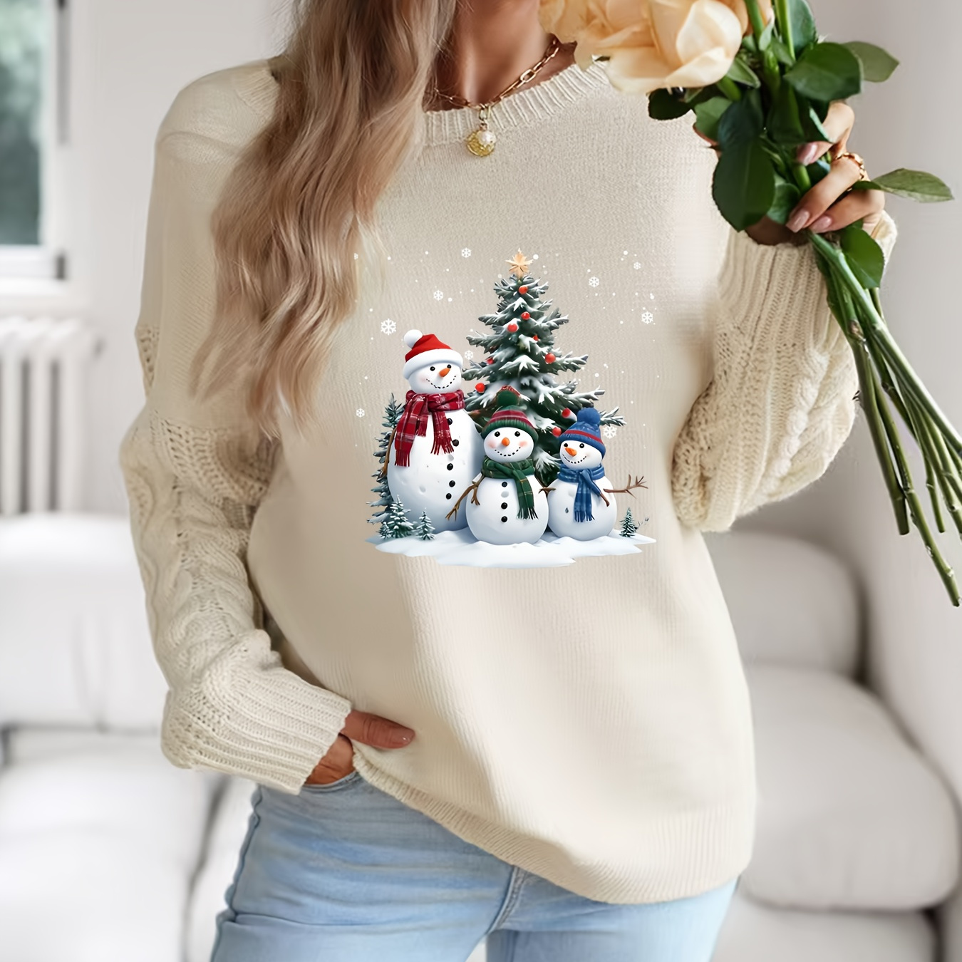 

Women's Chic Crew Neck Christmas Pullover Sweater - Knit, Snowman Print, Casual Long Sleeve Jumper For Fall/winter