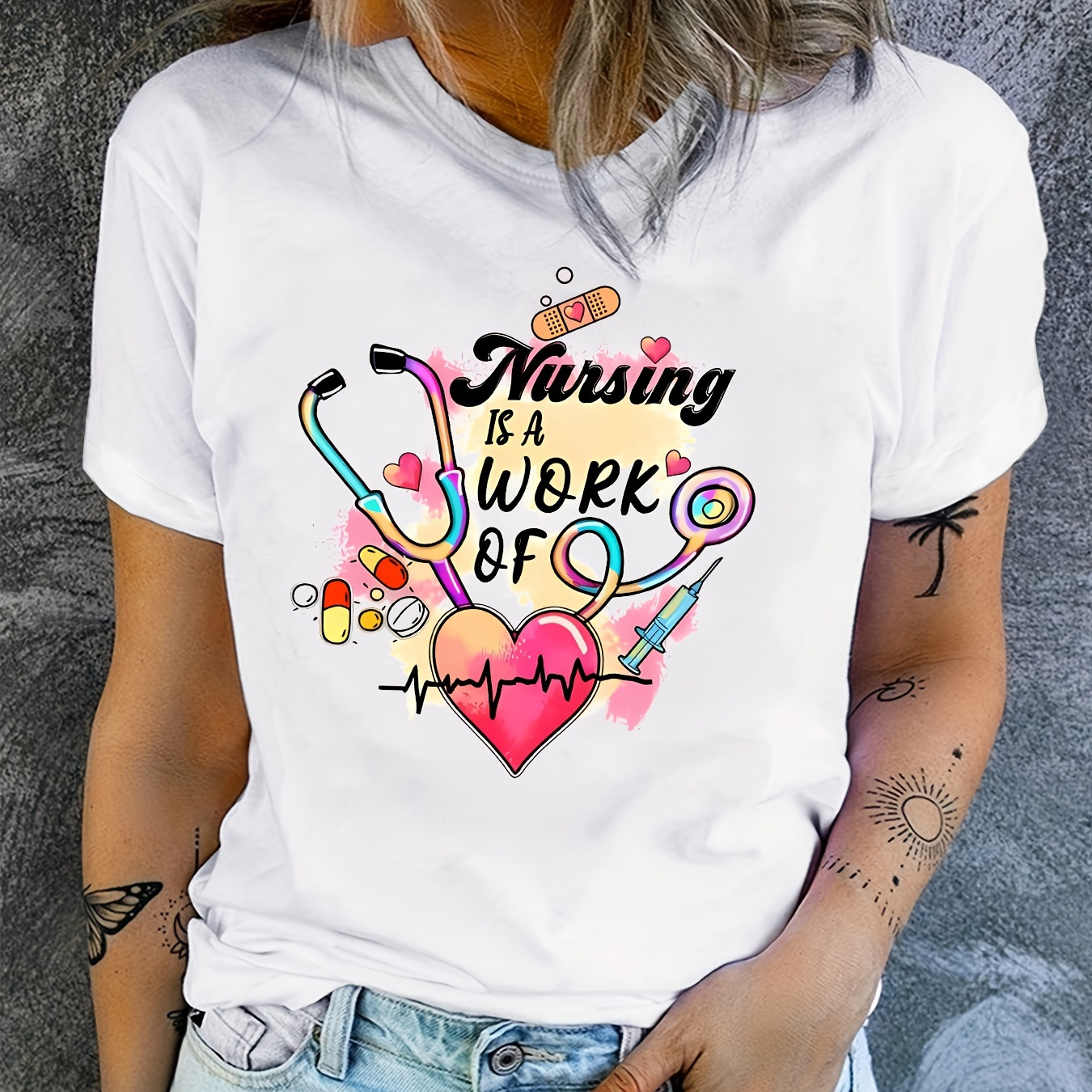 

Nurse Day Print T-shirt, Casual Crew Neck Short Sleeve Top For Spring & Summer, Women's Clothing