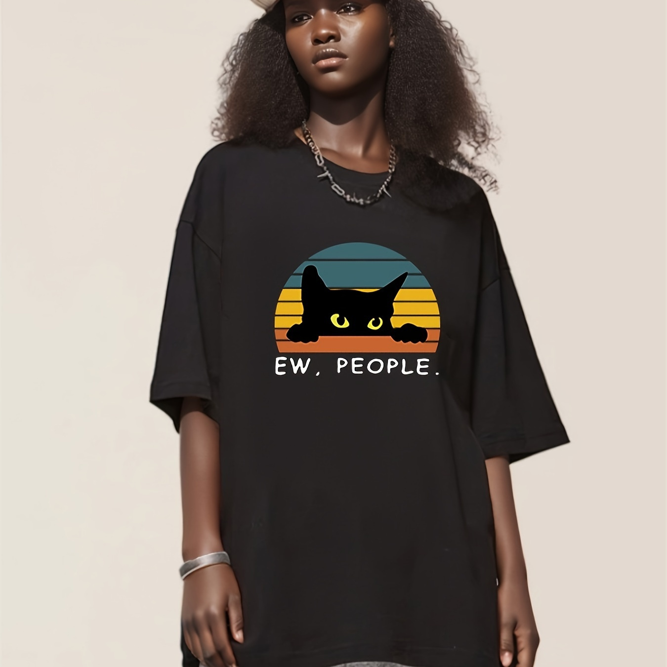 

Cute Cat Print Drop Shoulder T-shirt, Casual Short Sleeve Loose Casual Top For Spring & Summer, Women's Clothing