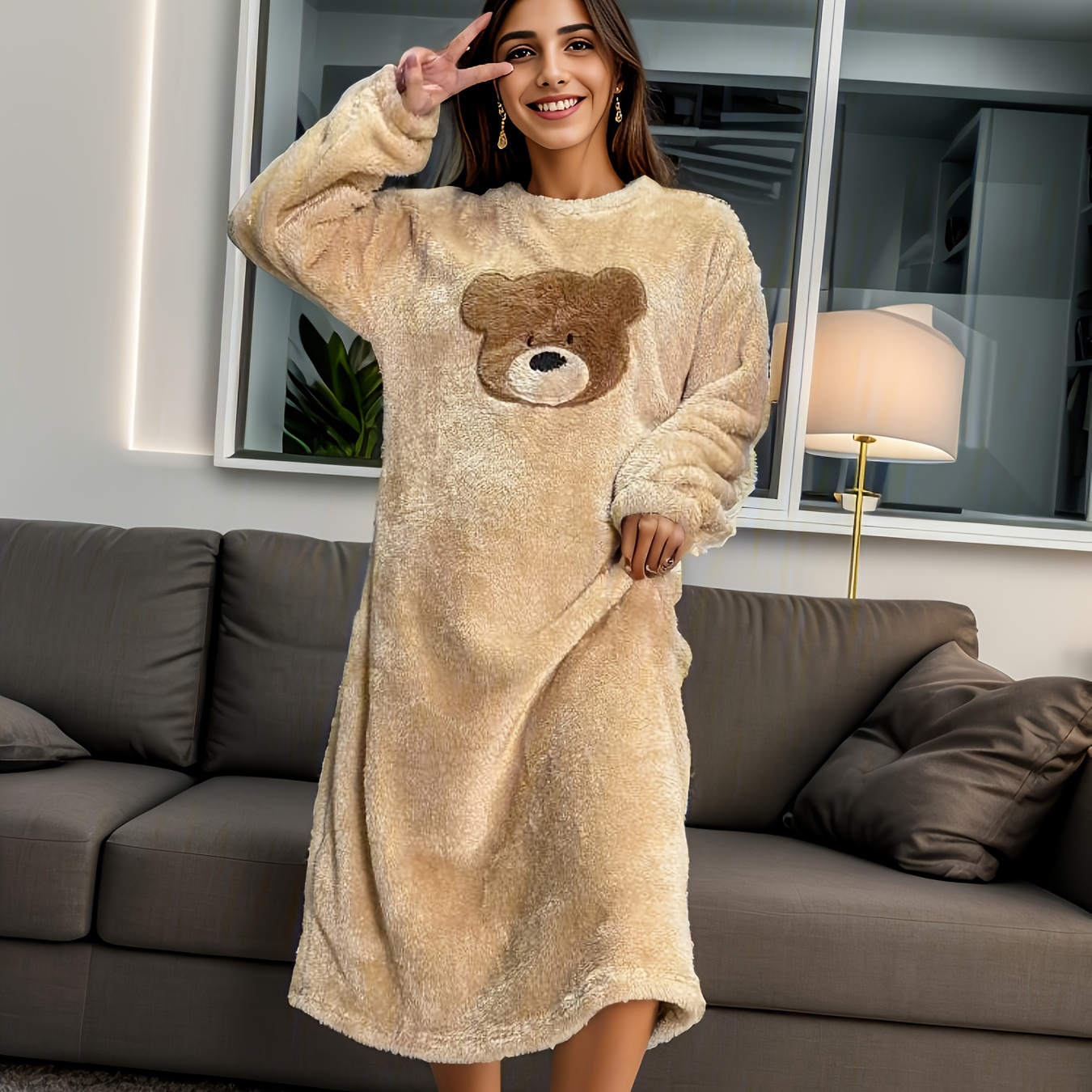 

Cartoon Bear Pattern Nightdress, Long Sleeve Crew Neck Fuzzy Pajama Dress, Women's Sleepwear & Dresses