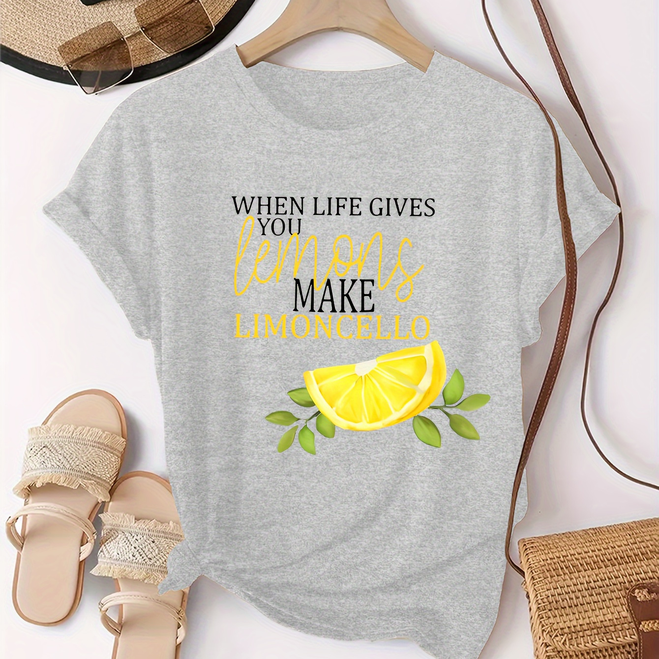 

Women's Casual Lemon Print T-shirt - Soft Polyester & Spandex , Short Sleeve, Crew Neck, Machine Washable - Spring/summer