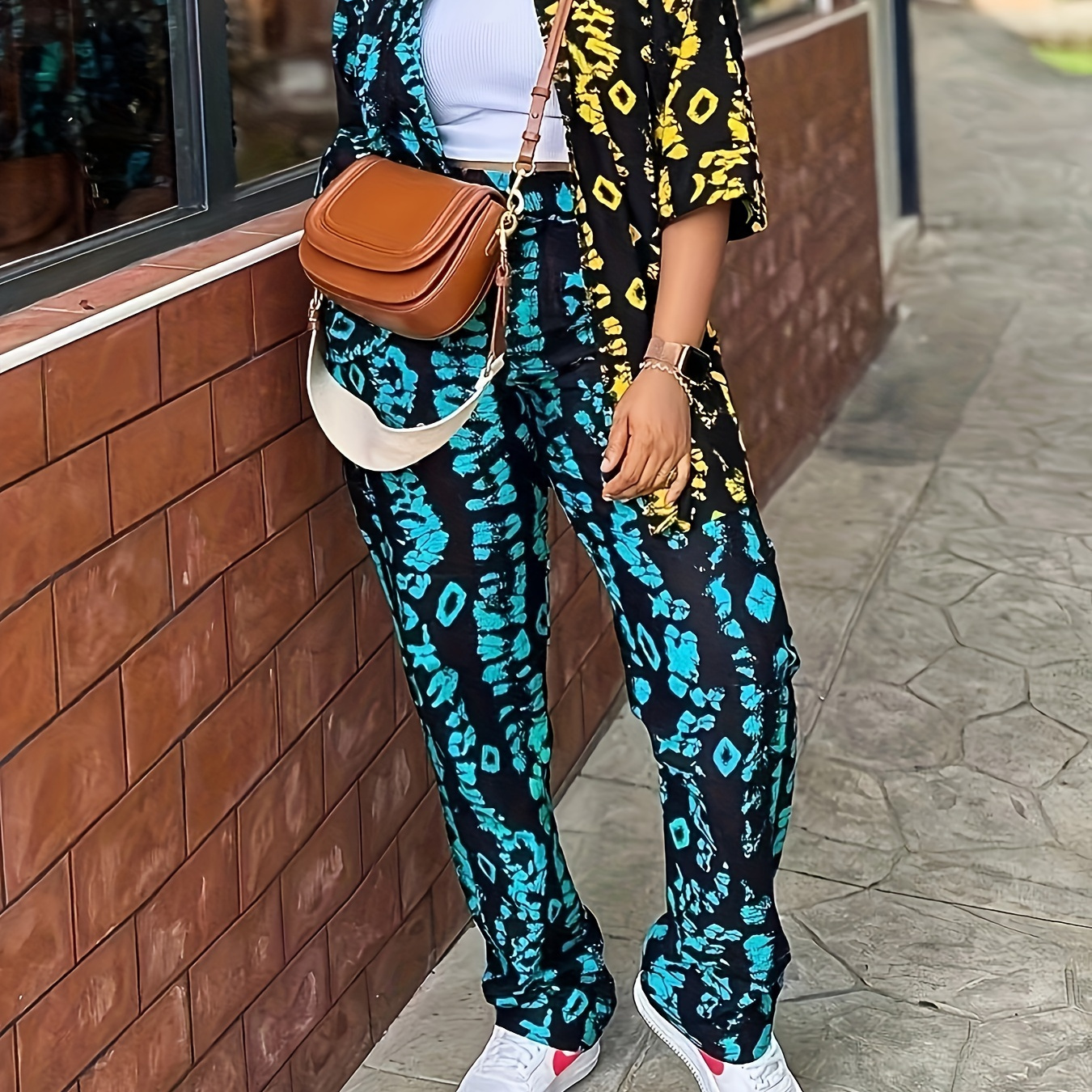 

Leopard Print Pants Set, Open Front Half Sleeve Cover Up & Straight Leg Loose Pants, Women's Clothing