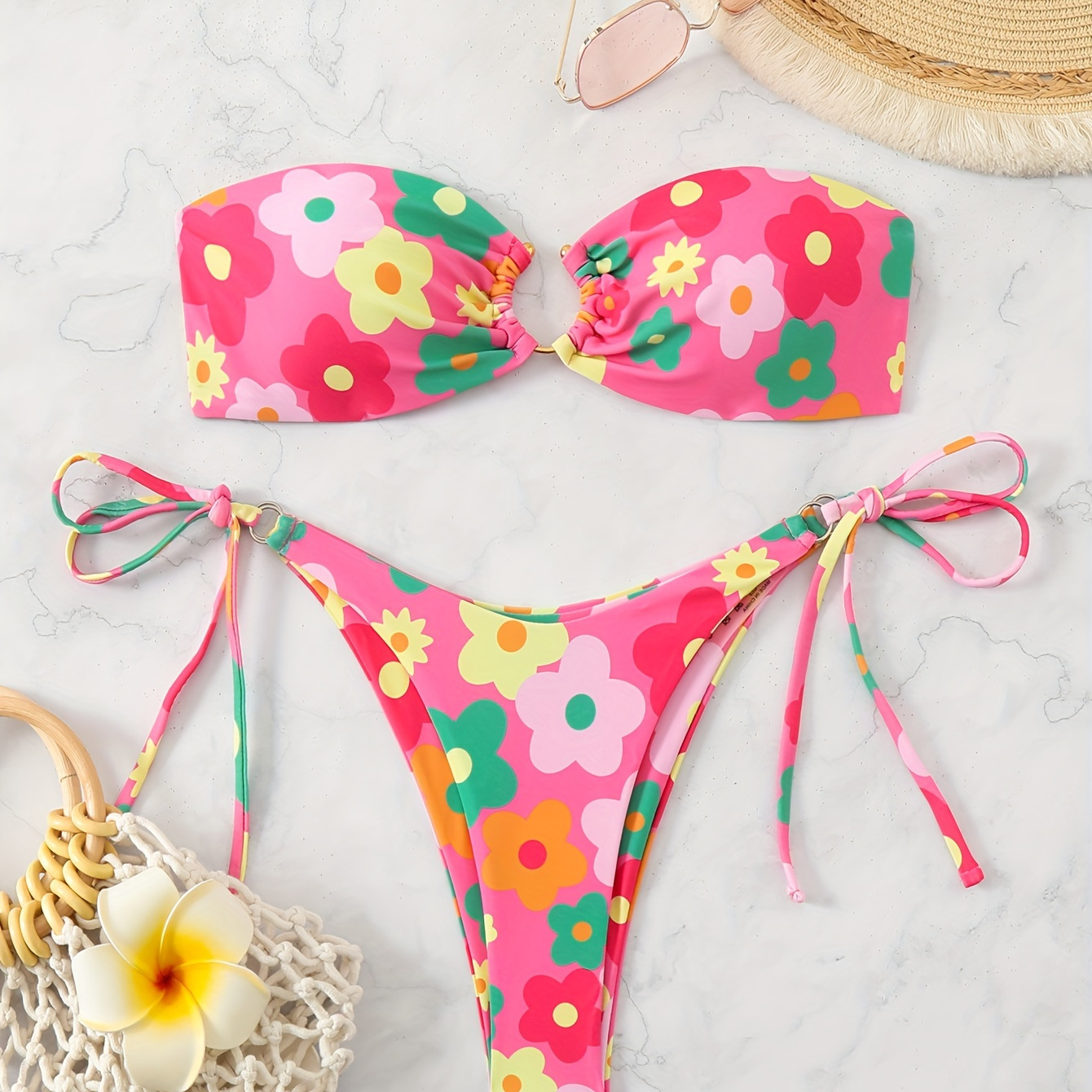 

Women's Floral Bikini Set, Two-piece Swimsuit With Tie Side Bottoms, Bandeau Top With Ring-linked, Quick-dry Beachwear, Summer Fashion Swimwear