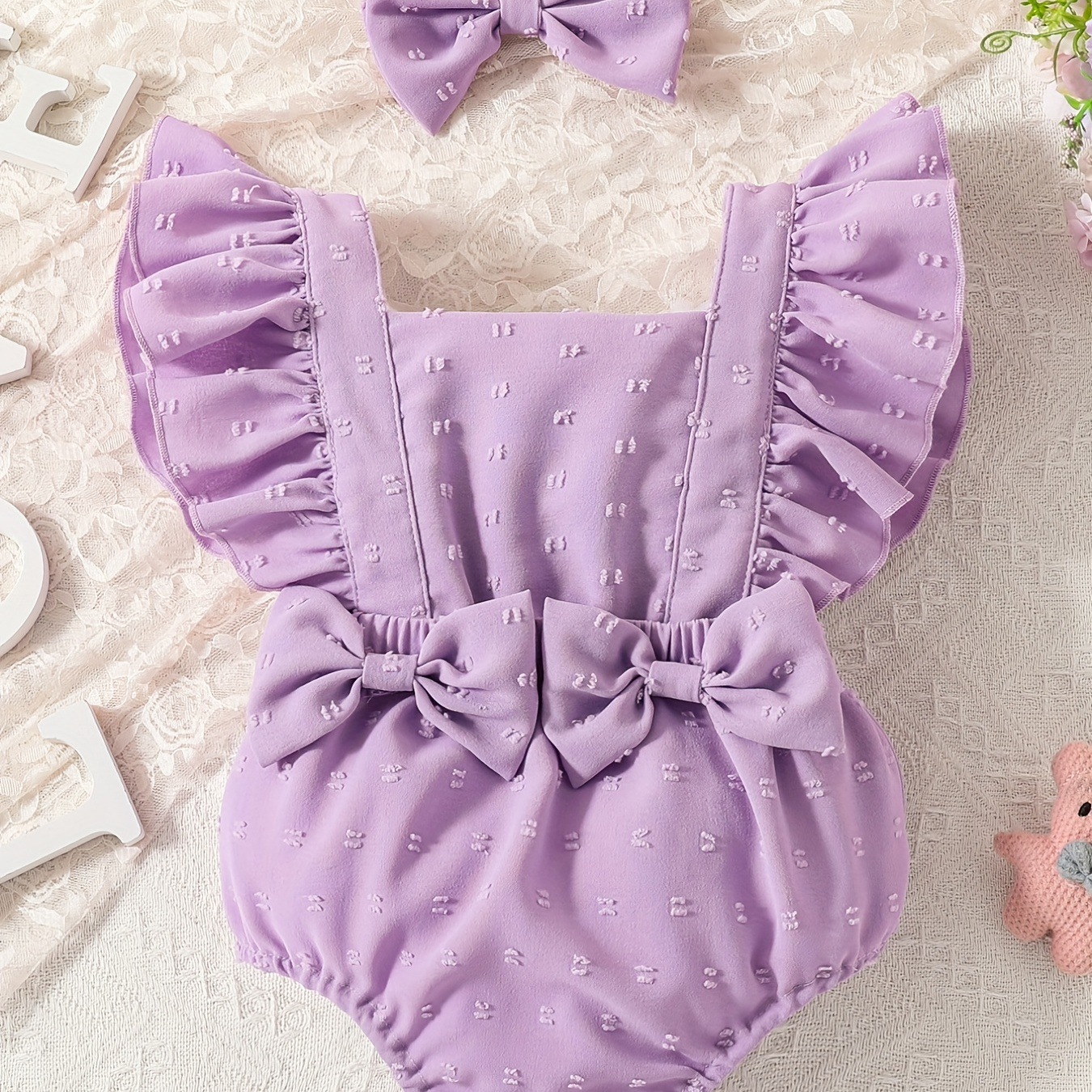 

2pcs Bébé Filles Décontracté Couleur Unie Nœud Papillon Volant Garniture Une Pièce Grenouillère & Bandeau Ensemble Vêtements