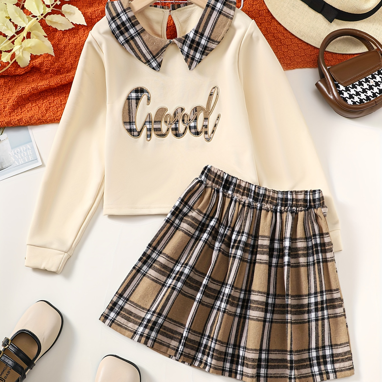 2pcs Girl's Preppy Style Outfit, Bear Pattern Sweatshirt & Pleated Skirt  Set, LOS ANGELES Print Casual Long Sleeve Top, Kid's Clothes For Spring Fall