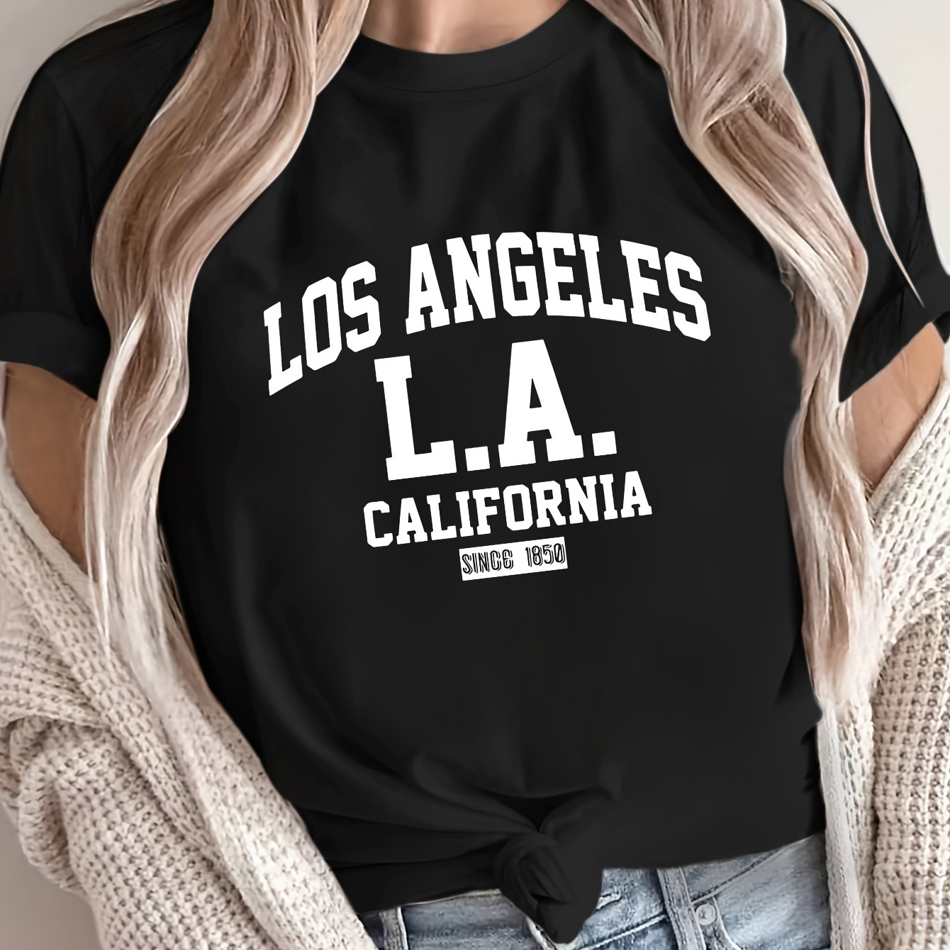 

Plus Size Los Angeles California Print T-shirt, Short Sleeve Crew Neck Casual Top For Summer & Spring, Women's Plus Size Clothing