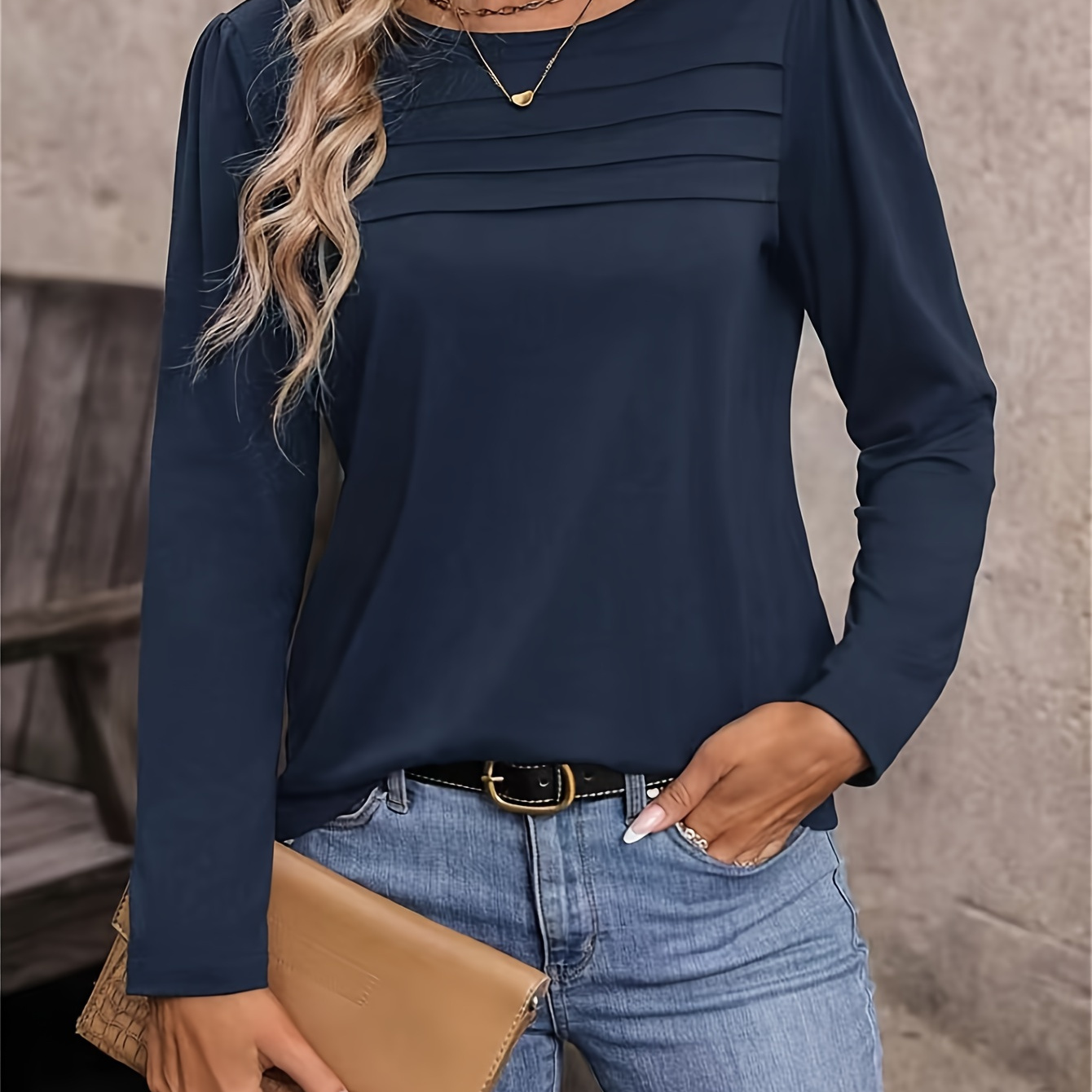 

Solid Crew Neck T-shirt, Casual Long Sleeve Top For Spring & Fall, Women's Clothing