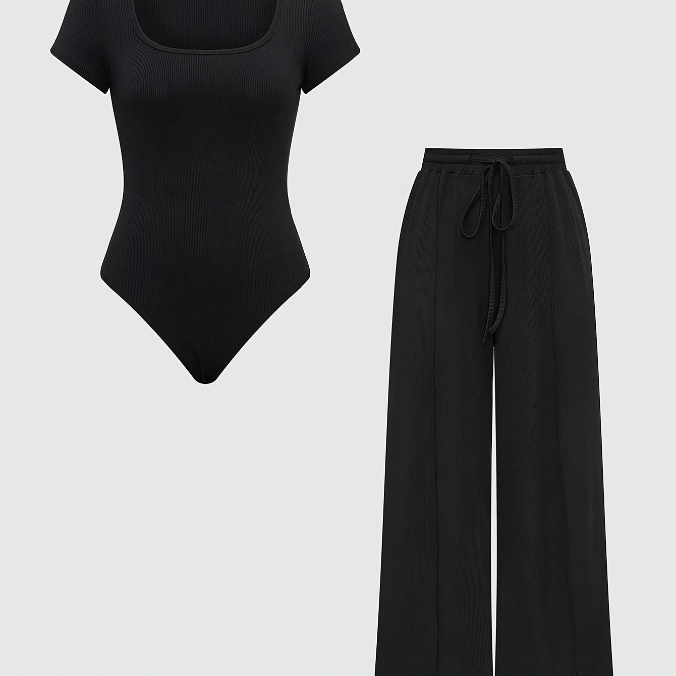 

Ensemble Chic Noir pour Femme: Body à Ourlet Asymétrique & Pantalon à Cordon - Mélange de Polyester Extensible, Lavable en Machine - Idéal pour /Été