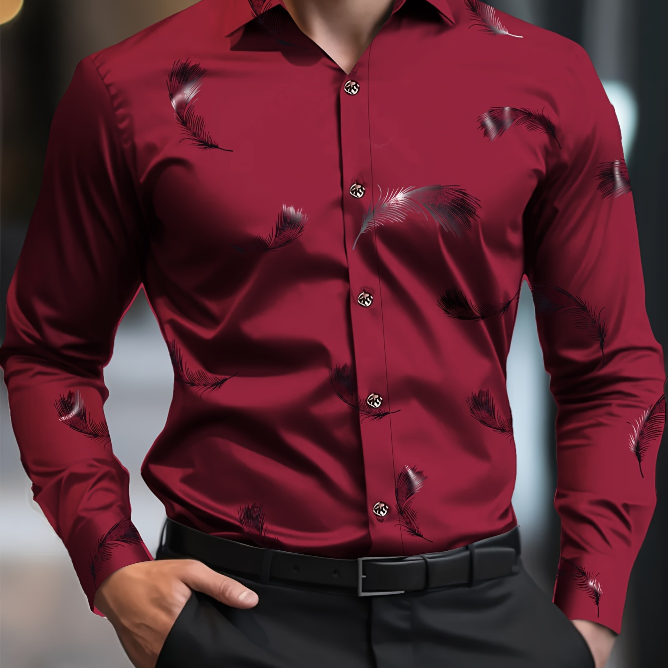 

Feather Print Fashionable And Simple Men's Long Sleeve Casual Lapel Simple Shirt, Trendy And Versatile, Suitable For Dates