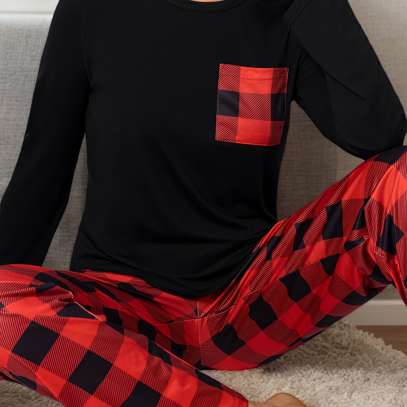 TEMU A Women's Long-sleeve Pants Set For Autumn And Winter, Featuring A Checkered Top With Pockets, Perfect For Casual