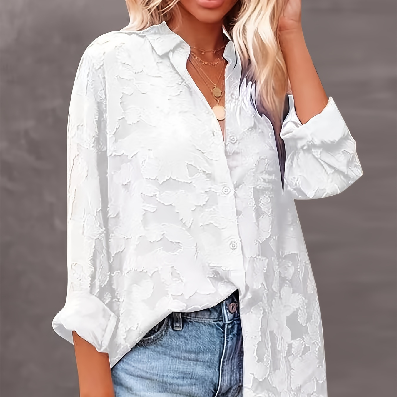 

Solid Jacquard Button Front Shirt, Elegant Long Sleeve Shirt For Spring & Fall, Women's Clothing