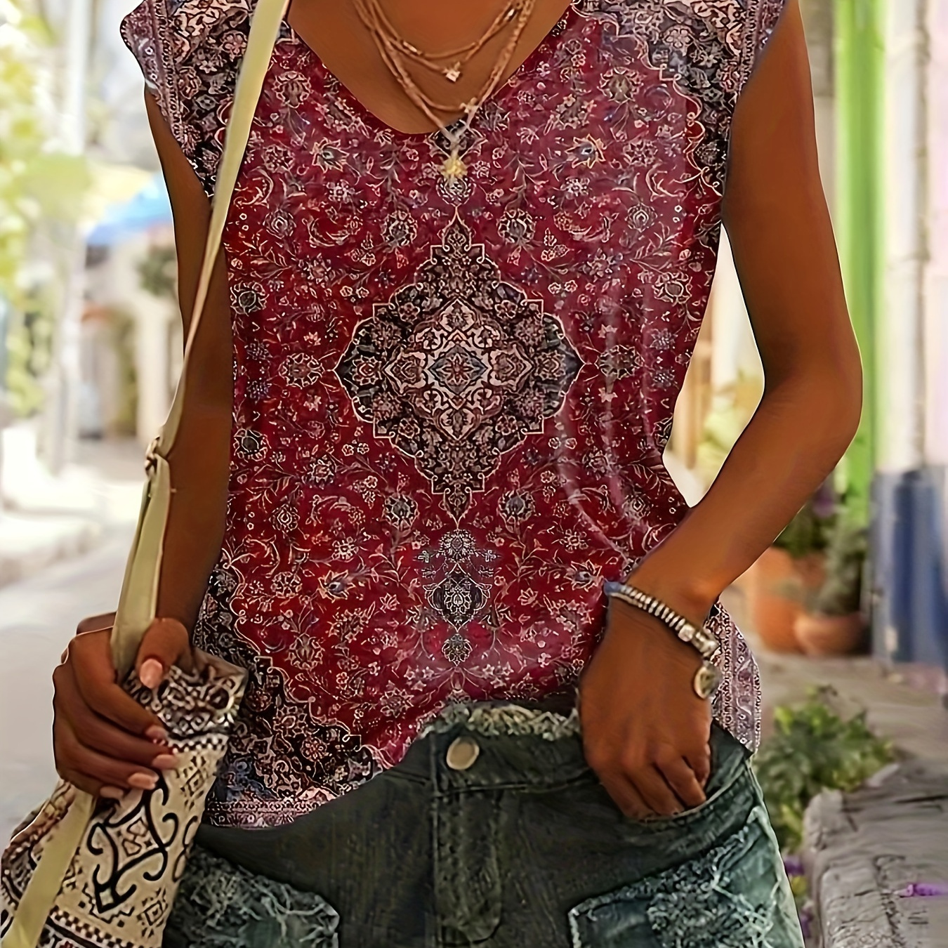 

Plus Size Retro Top, Women's Plus Scarf Print Round Neck Sleeve Medium Stretch Top