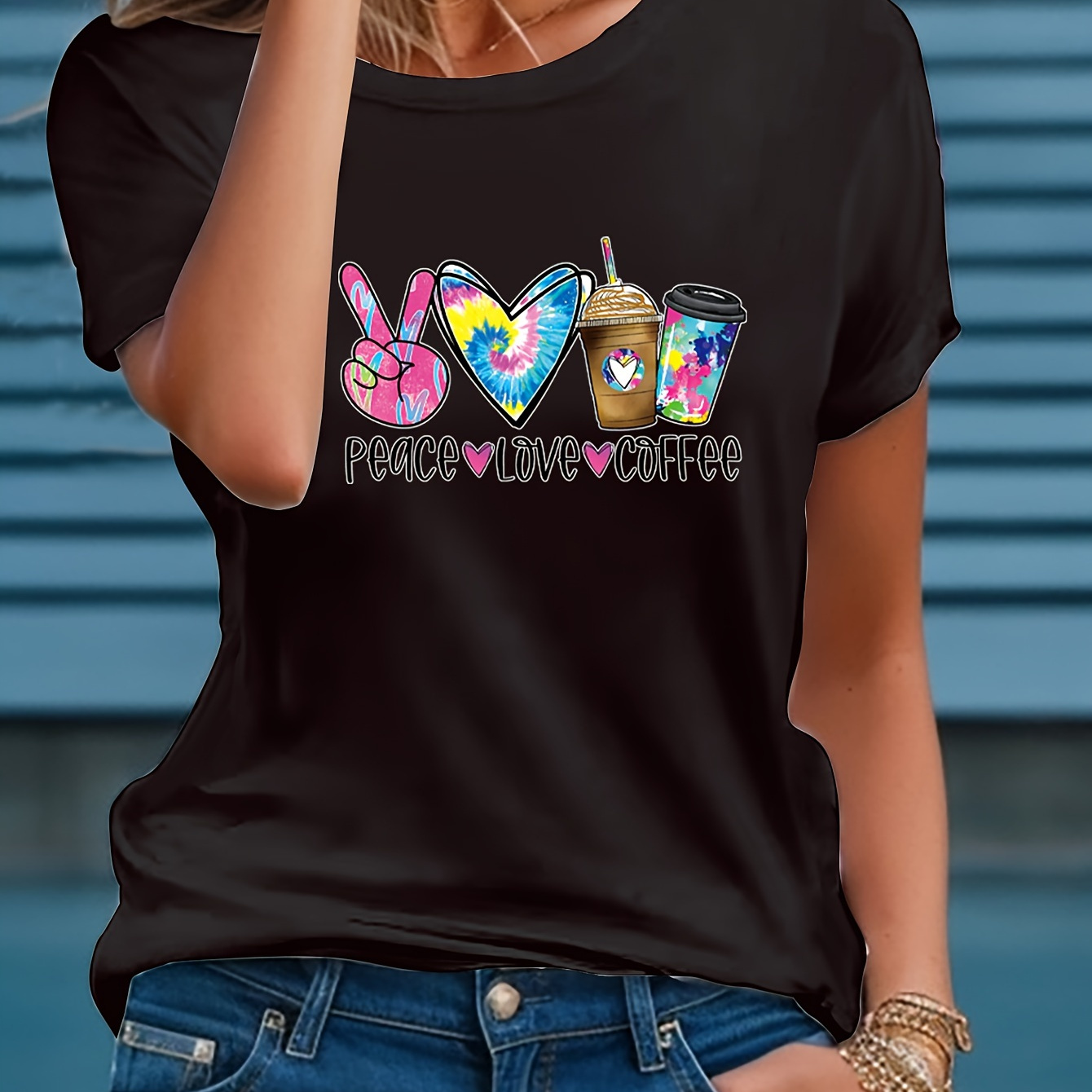 

Peace Love Coffee Letter Print T-shirt, Short Sleeve Crew Neck Casual Top For Summer & Spring, Women's Clothing