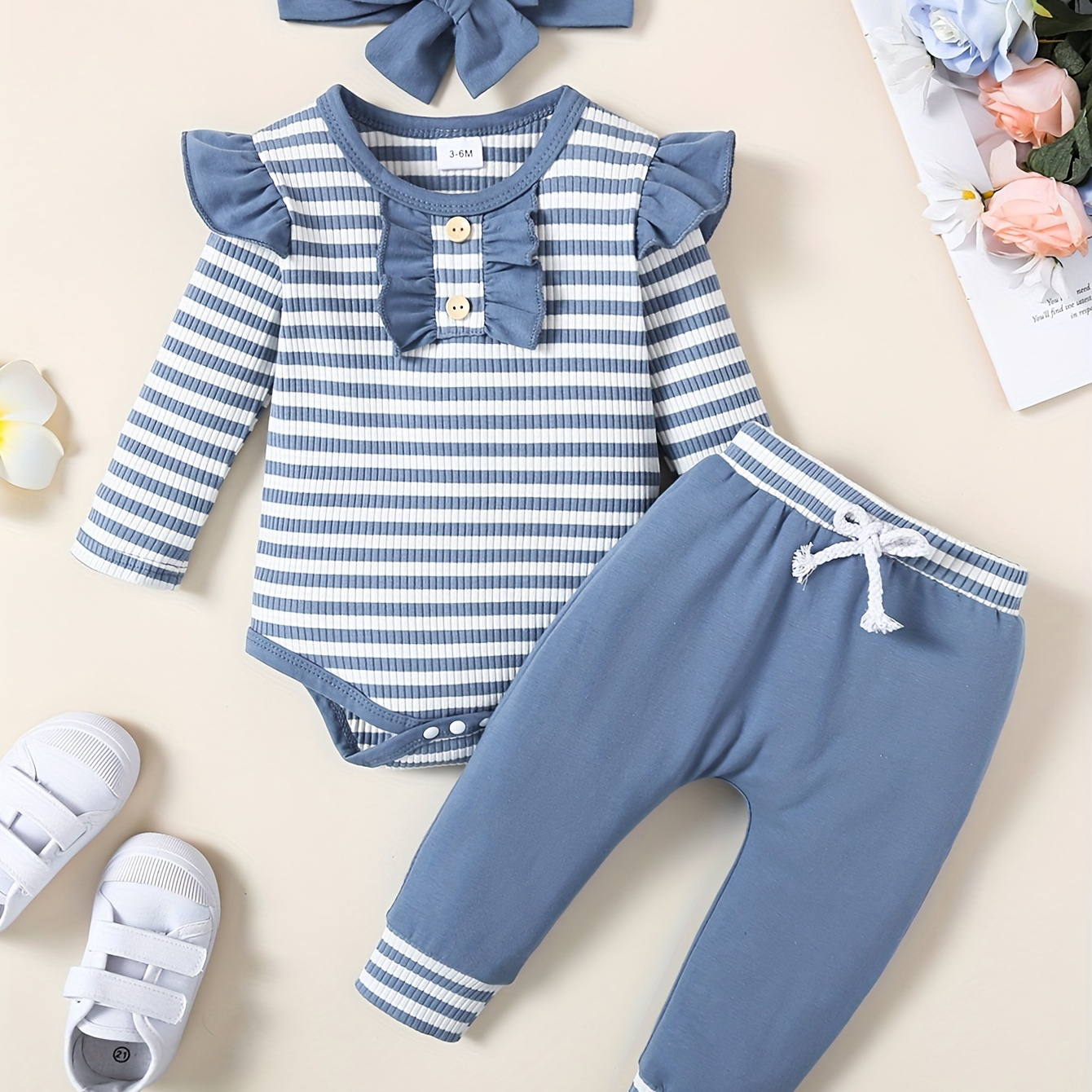 

Newborn Baby Girls Autumn And Winter 2pcs Clothes Set, Infant Pleated Sleeve Triangle Jumpsuit And Pants With Headband Cute Striped Set For 0-18 Months Babies