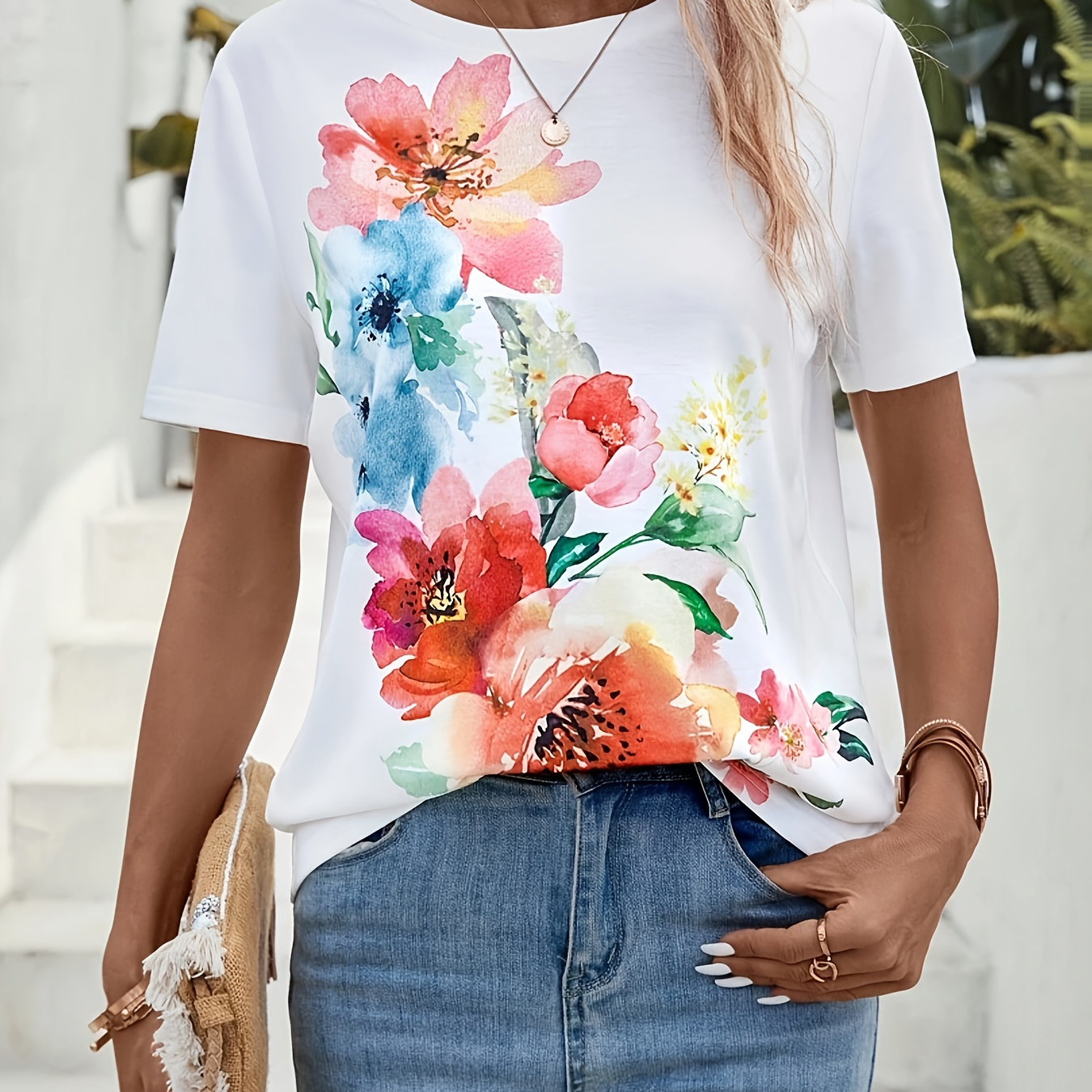 

T-shirt À Imprimé Floral, Haut Décontracté À Manches Courtes Et Col Rond Pour Le Printemps Et L'été, Vêtements Pour Femmes