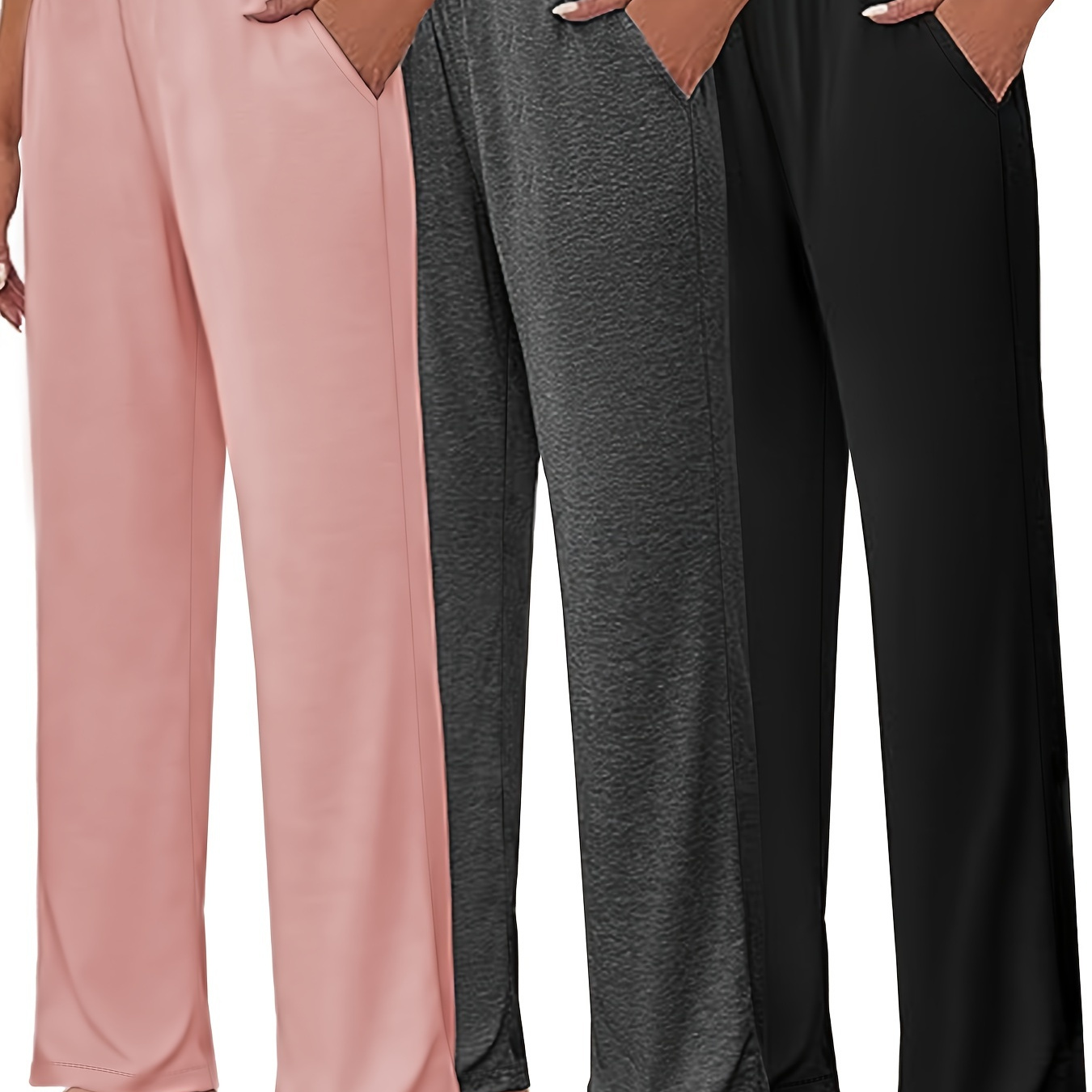 

3 Pack Plus Size Sports Pants, Women's Plus Solid High Rise Medium Stretch Wide Leg Trousers With Pockets 3 Piece Set Spring/autumn