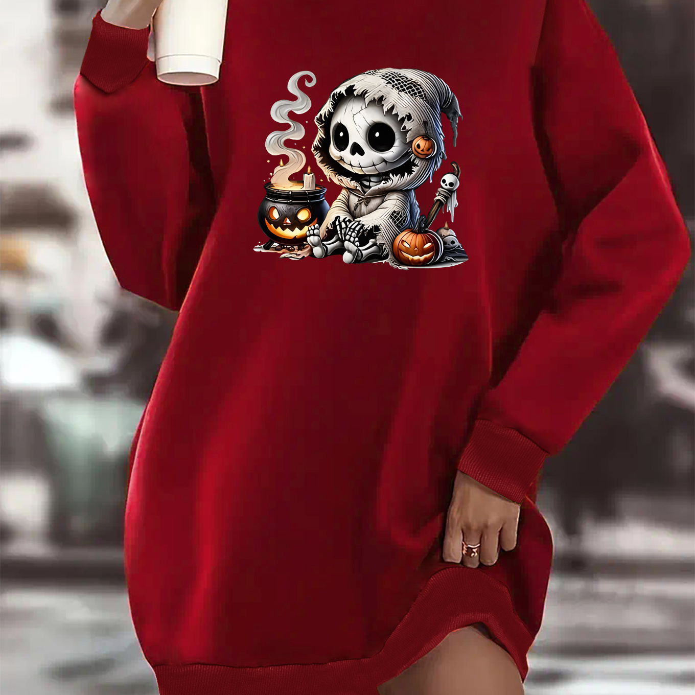 

Plus Size Women's Casual Skull Print Sweatshirt Dress, Casual Long Sleeve Fleece Lined Dress, Autumn/winter Wear