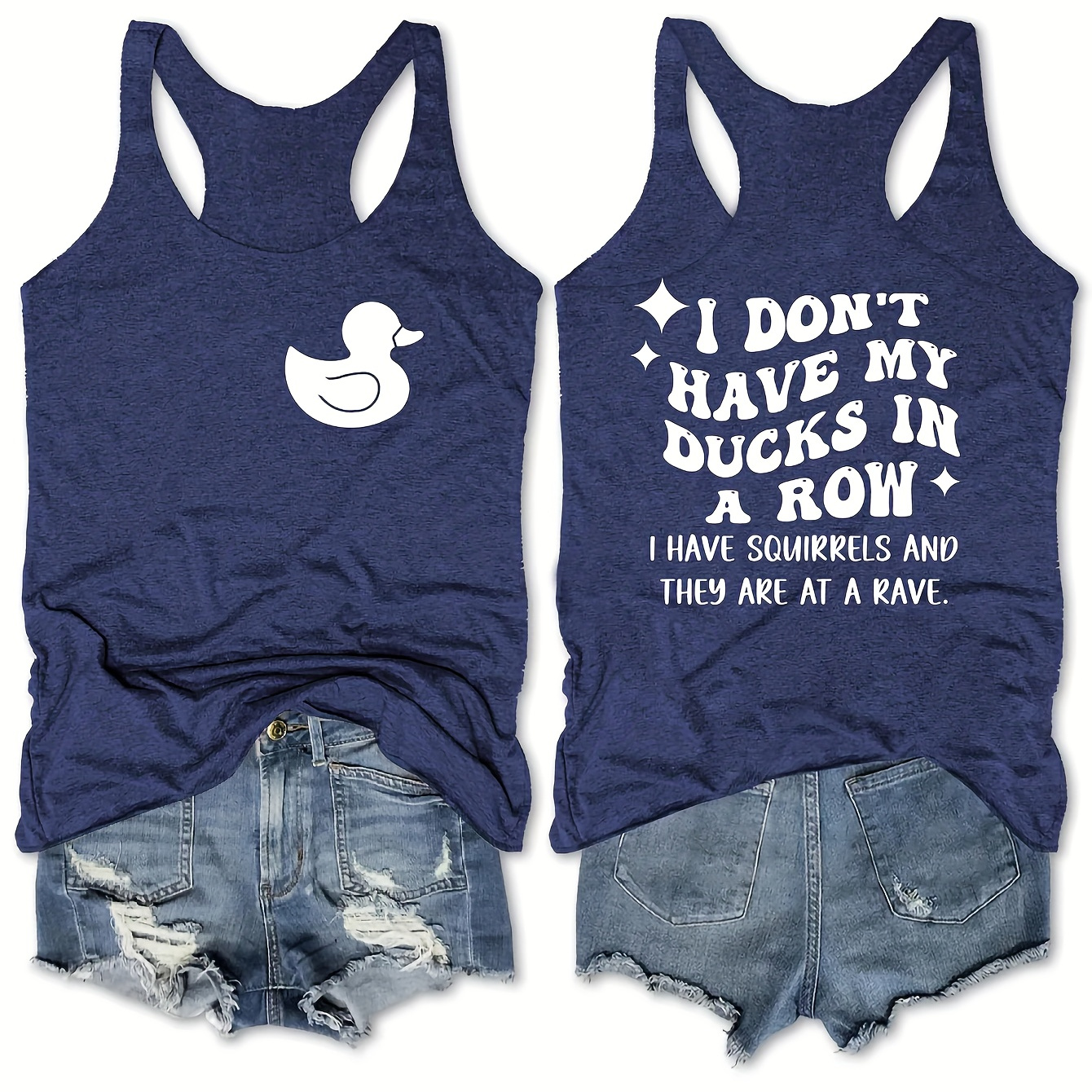 

Letter & Duck Print Tank Top, Sleeveless Casual Top For Summer & Spring, Women's Clothing