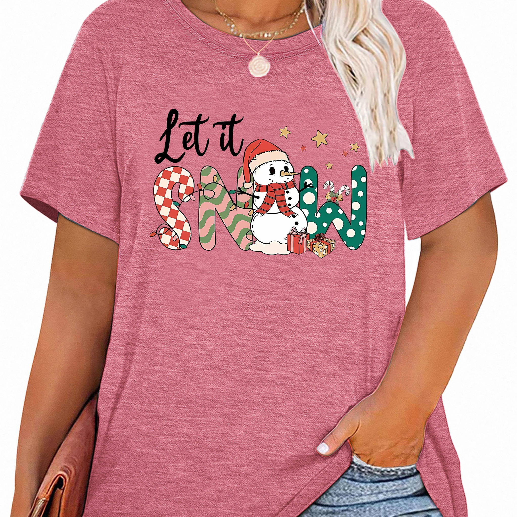 

Plus Size Christmas T-shirt - Casual Crew Neck With Applique, Polyester Blend (60% Polyester, 35% Rayon, 5% Spandex), Medium Stretch Knit Fabric, Festive Snowman Graphic - Seasonal All-round Wear