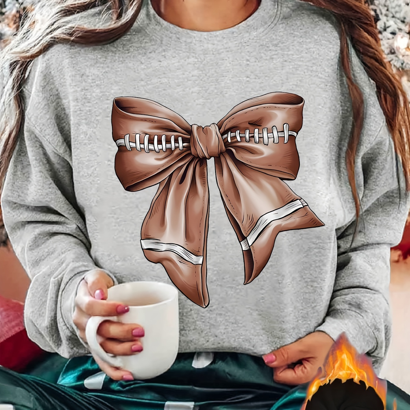 

Women's Casual Crew Neck Sweatshirt With Applique Bow Drawing Print - 100% Polyester Knit Fabric For Fall/winter