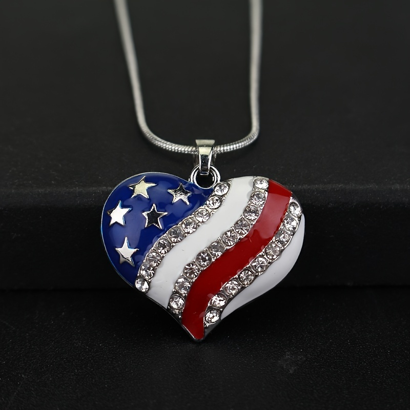 

1pc Usa Labor Day American Flag Enamel Blue & Red Crystal Rhinestone Heart Patriotic 4th Of July Independence Day Pendant Necklaces