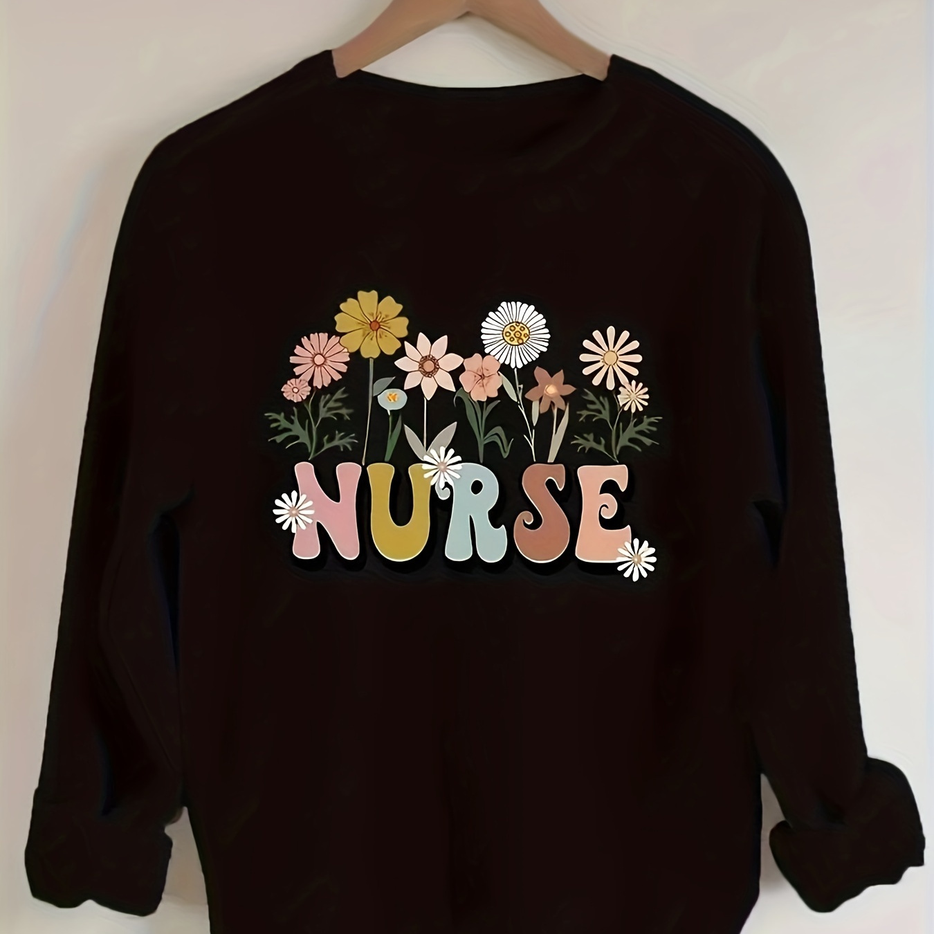 

Nurse ＆ Floral Print Pullover Sweatshirt, Casual Long Sleeve Crew Neck Sweatshirt For Fall & Winter, Women's Clothing