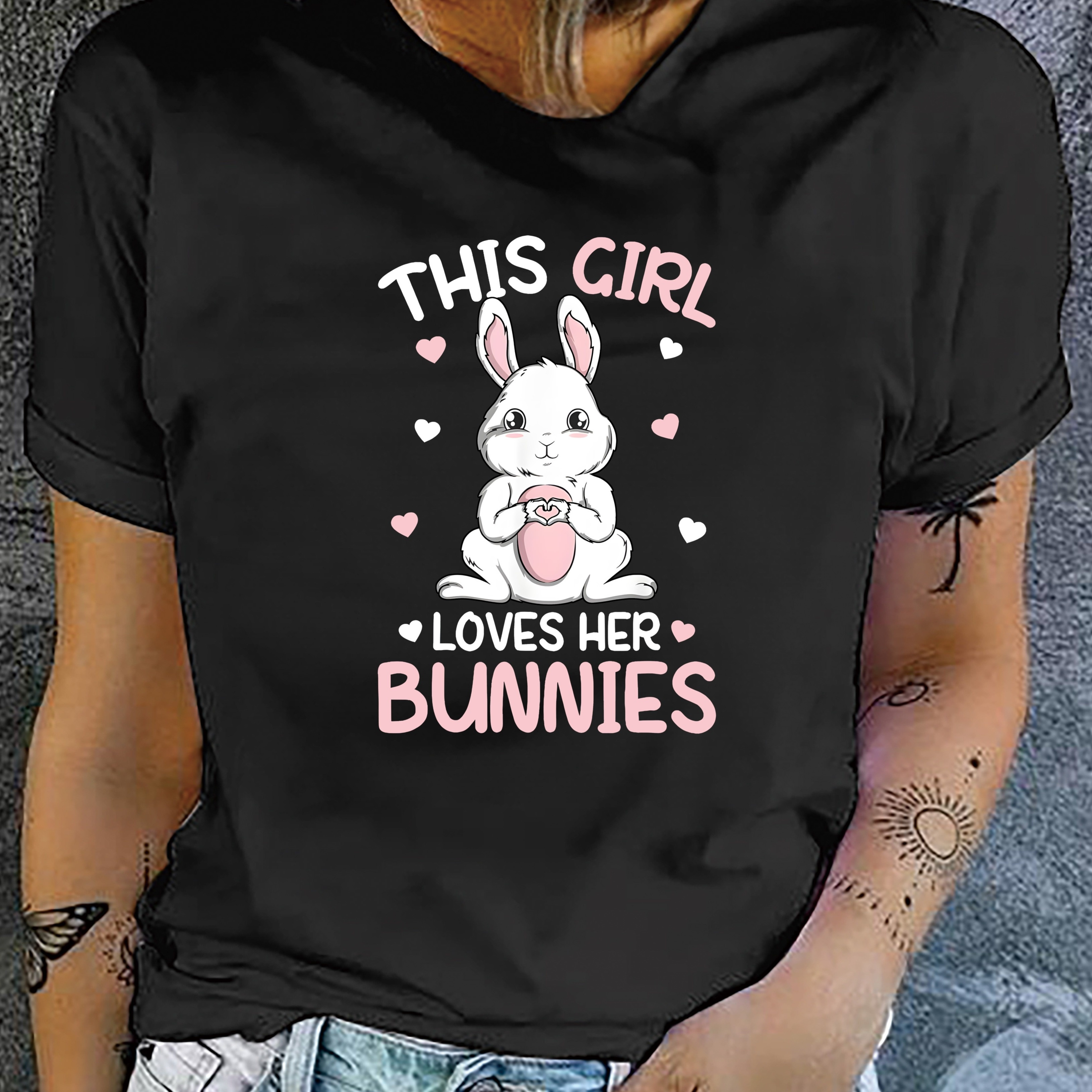 

Women's Casual Graphic Tee - Cute Bunny & Letter Print, Short Sleeve, Crew Neck, Stretchy Polyester , Machine Washable - Spring/summer