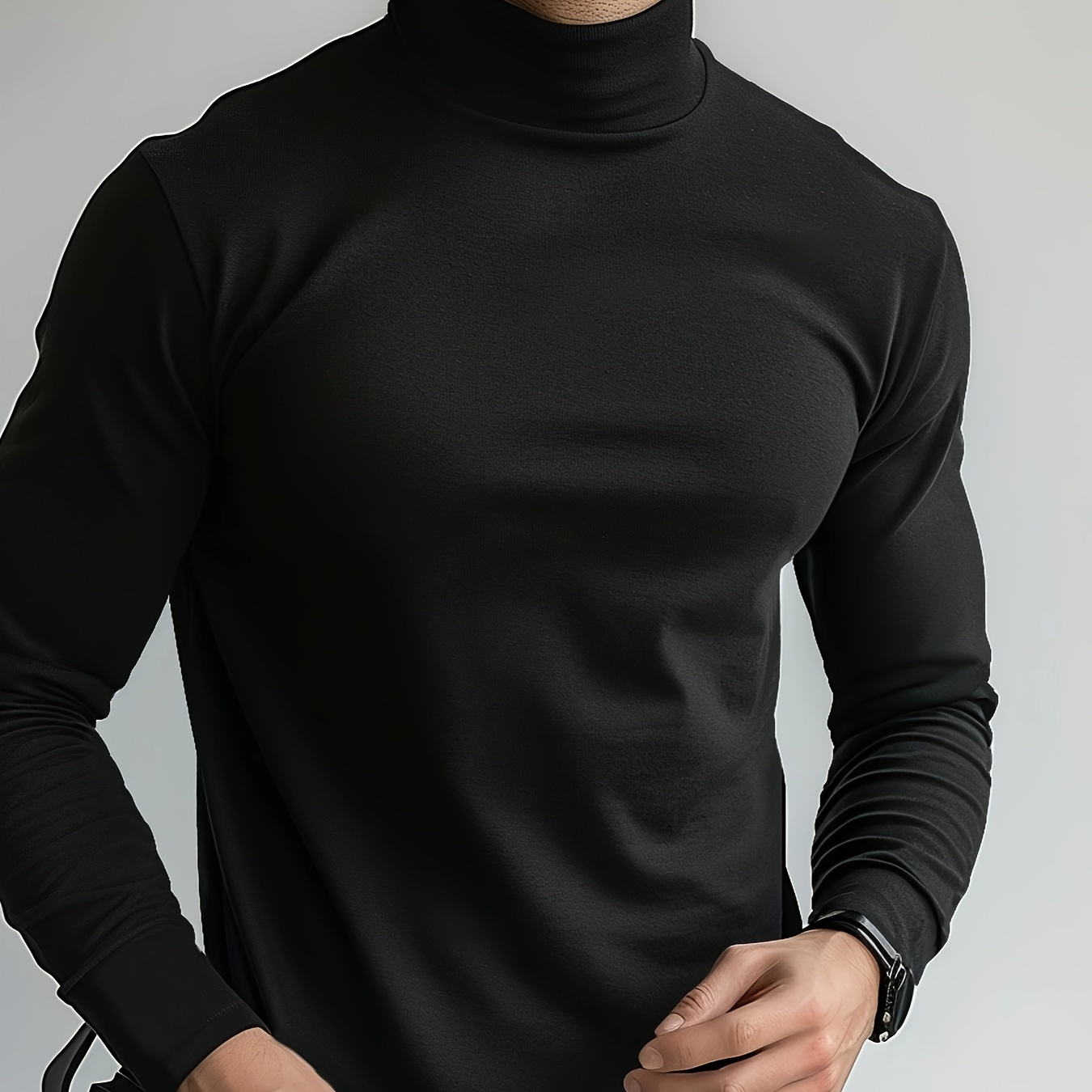 

T-shirt à col roulé et manches longues de couleur unie pour homme, haut de loisir tendance pour et