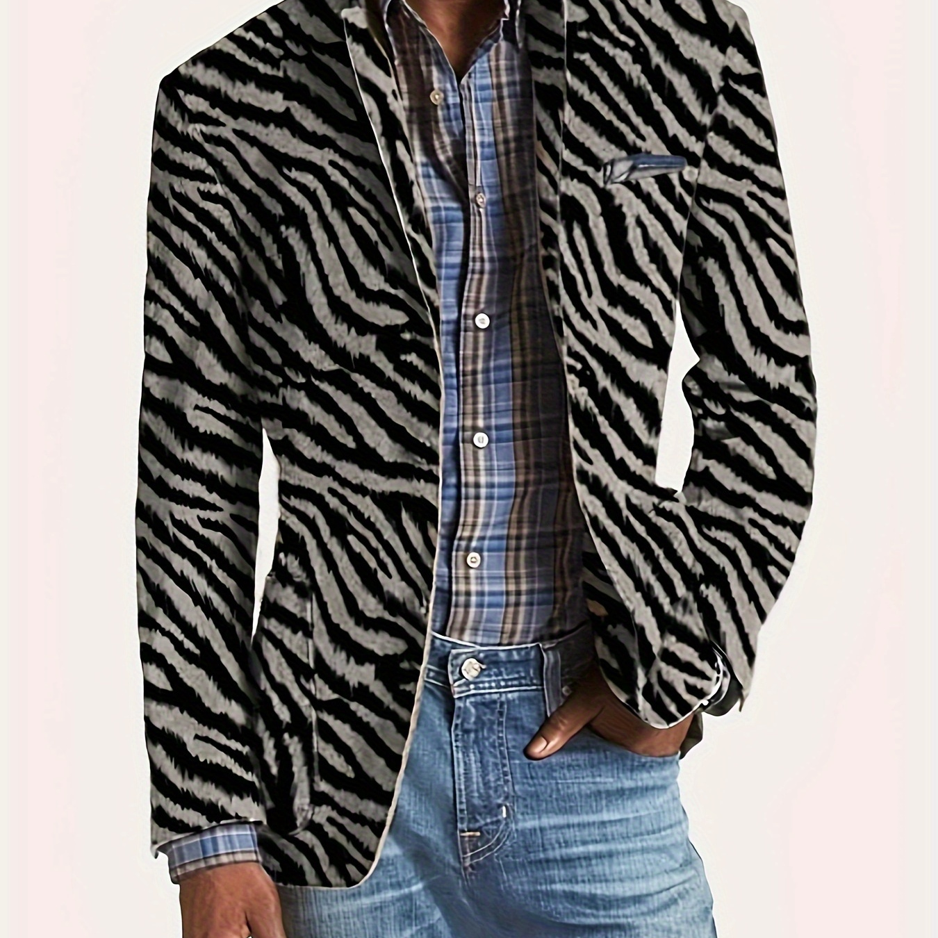 

Men's Casual Blazer With Zebra Print, Lightweight Business Suit Jacket, Fashion Print Coat For Business Casual Style, Old Money Style