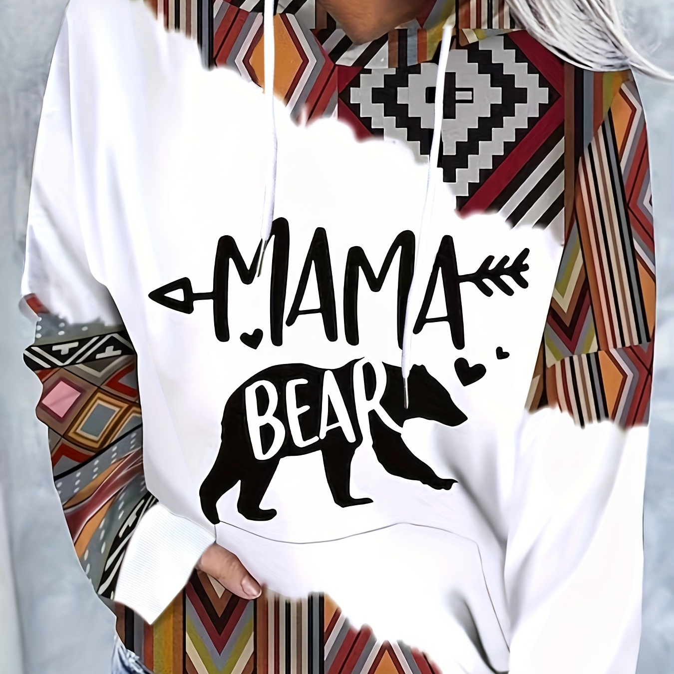 

Mama Bear Print Drawstring Hoode, Casual Long Sleeve Drop Shoulder Hoodie, Women's Clothing