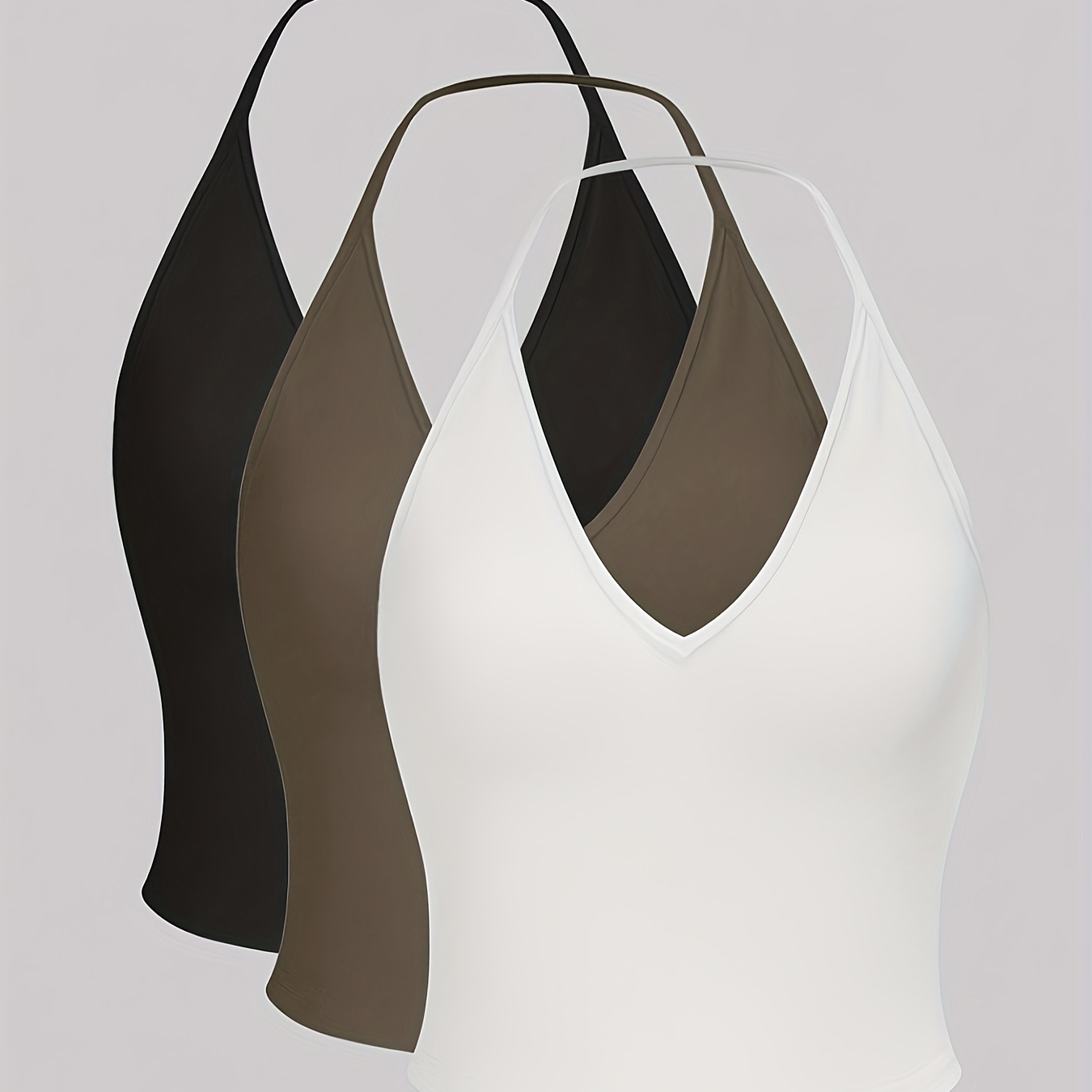 

Solid Halter Crop Top 3 Pack, Versatile Backless V-neck Crop Top For Summer, Women's Clothing