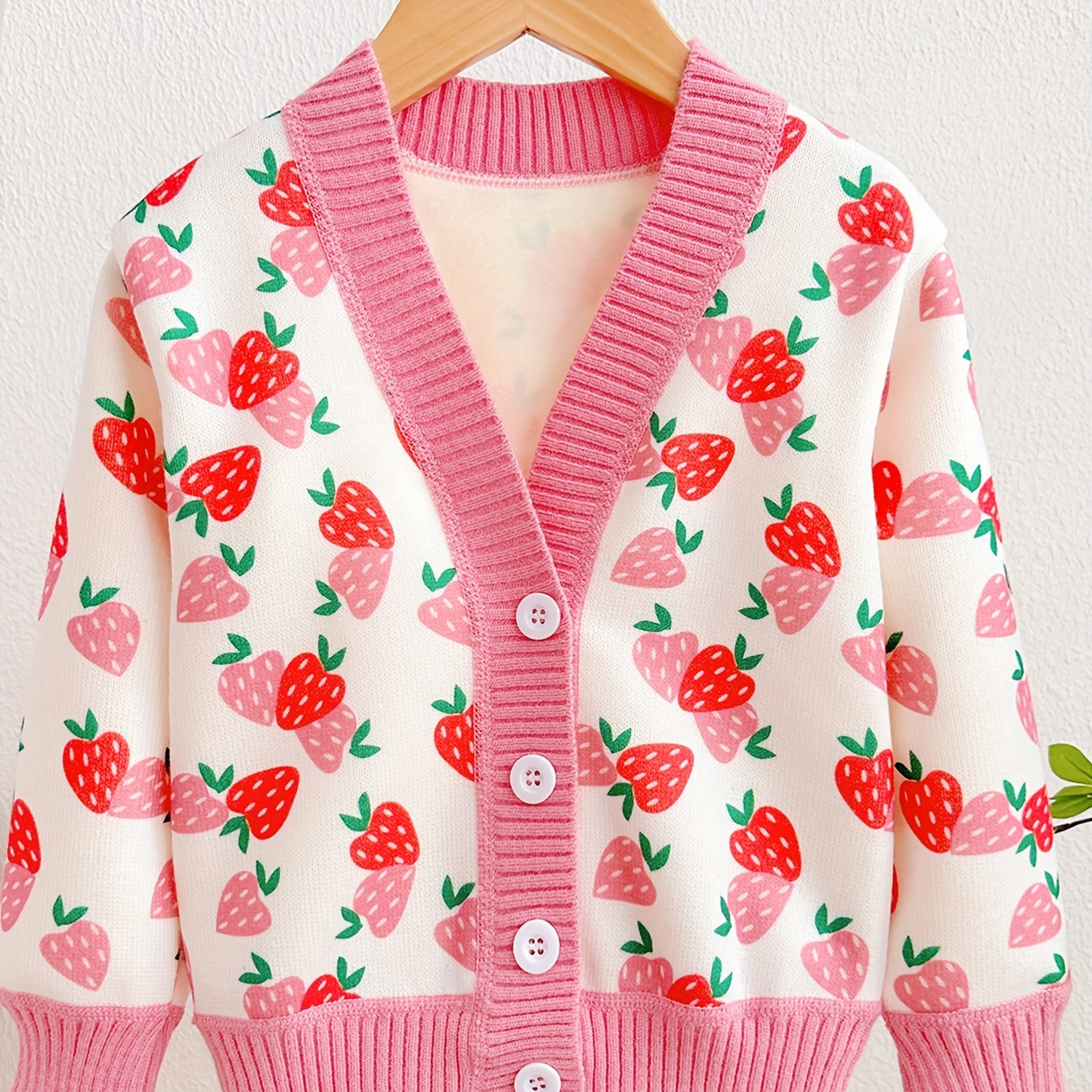 

Strawberry Jacquard Knit Cardigan For Girls, Thermal Warm Button-up Long Sleeve Knitted Coat, Fall/ Winter Clothing