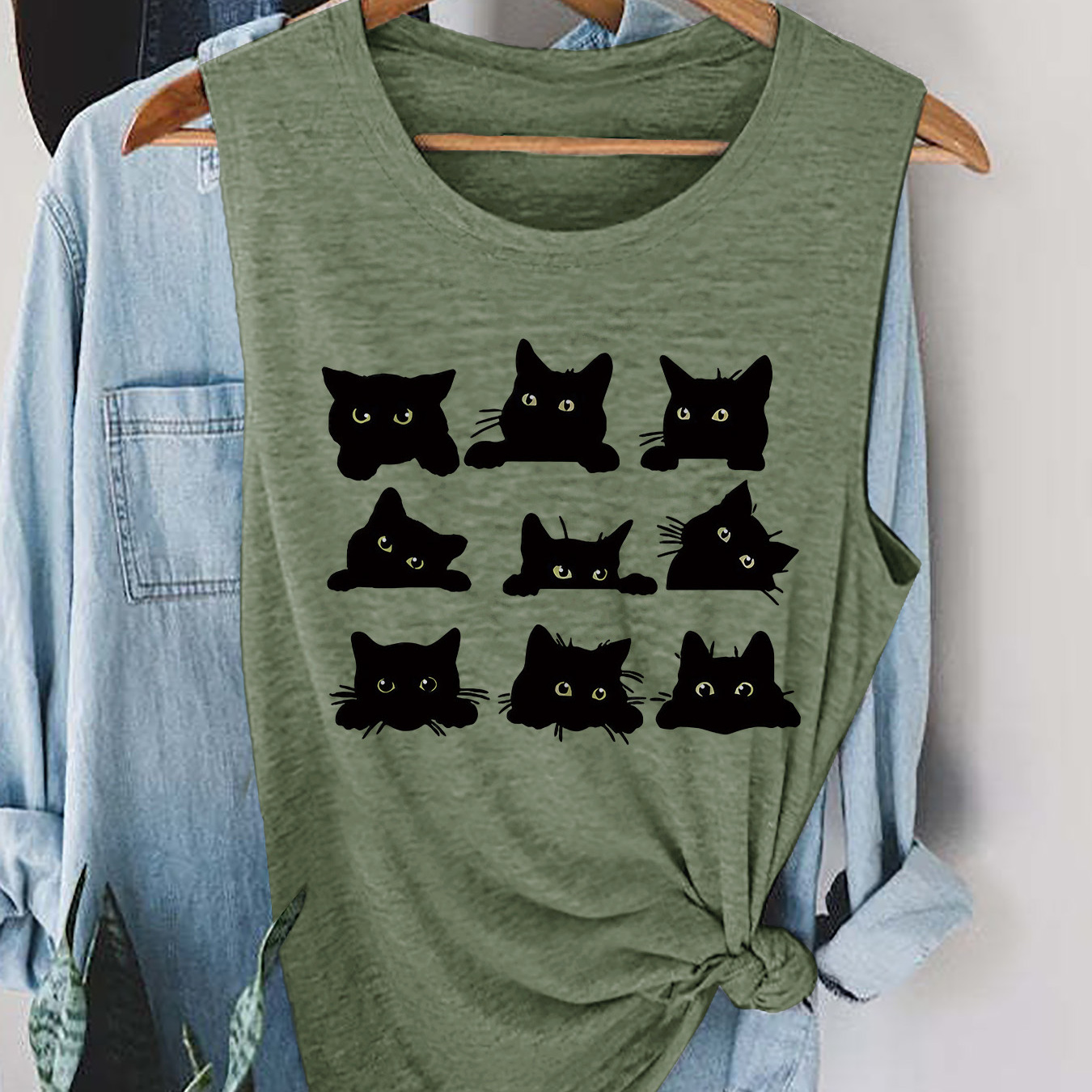 

Cat Print Tank Top, Sleeveless Casual Top For Summer & Spring, Women's Clothing