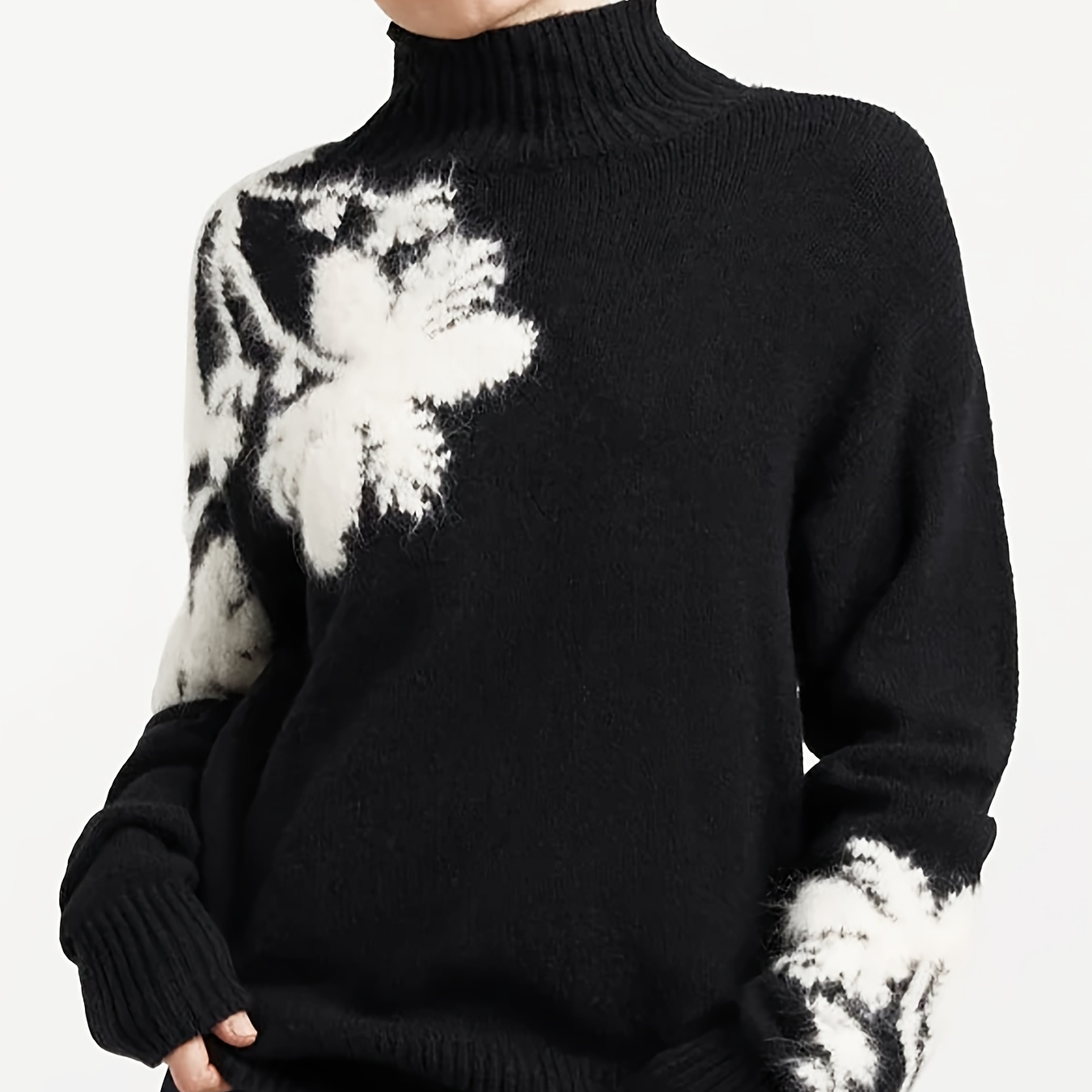 

Cozy Floral Turtleneck Sweater For Women - Casual Long Sleeve Knit Pullover, Fall & Winter